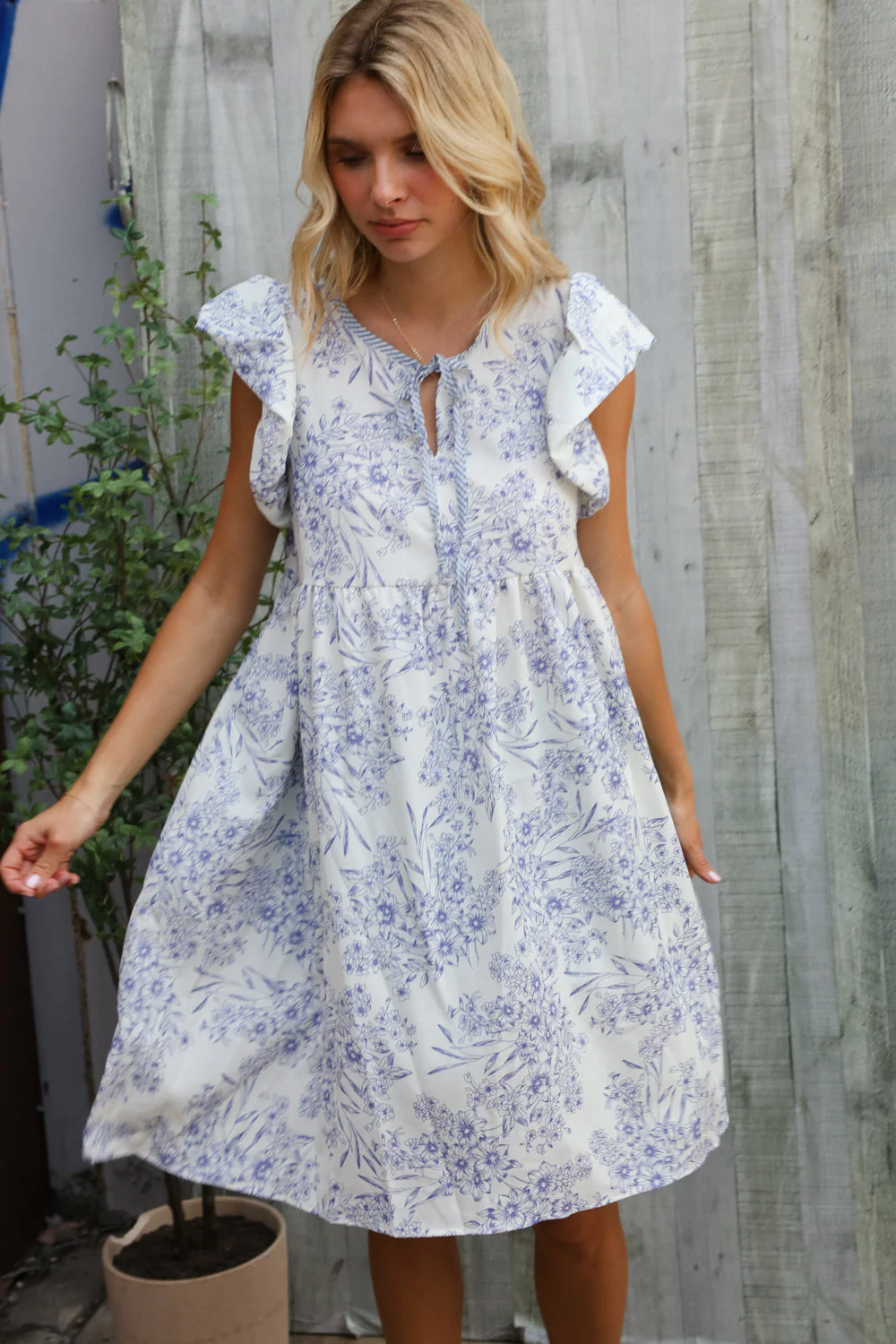 Vintage Vibes Dusty Blue Folded Ruffle Short Sleeve Babydoll Dress - Image 4