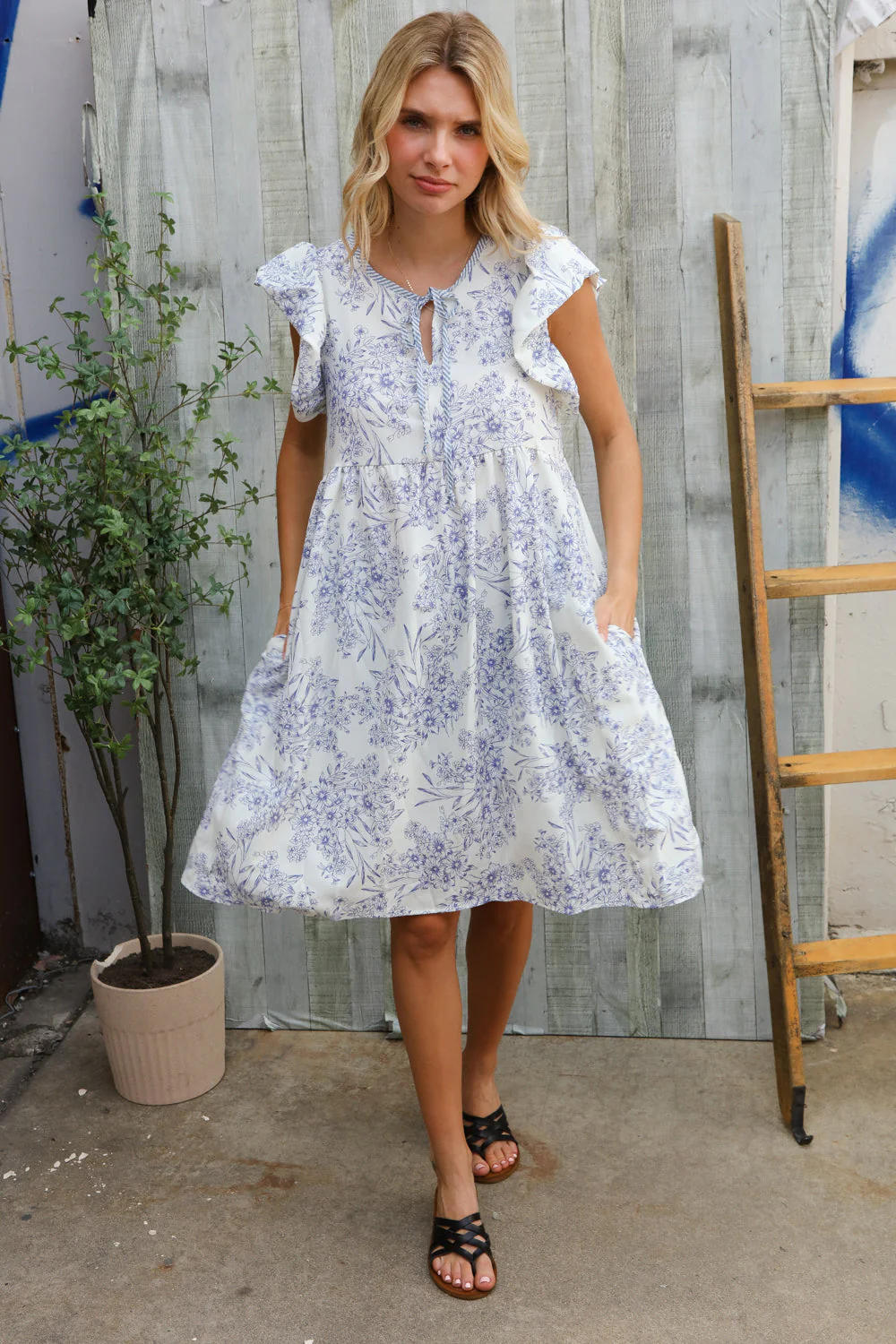 Vintage Vibes Dusty Blue Folded Ruffle Short Sleeve Babydoll Dress - Image 7