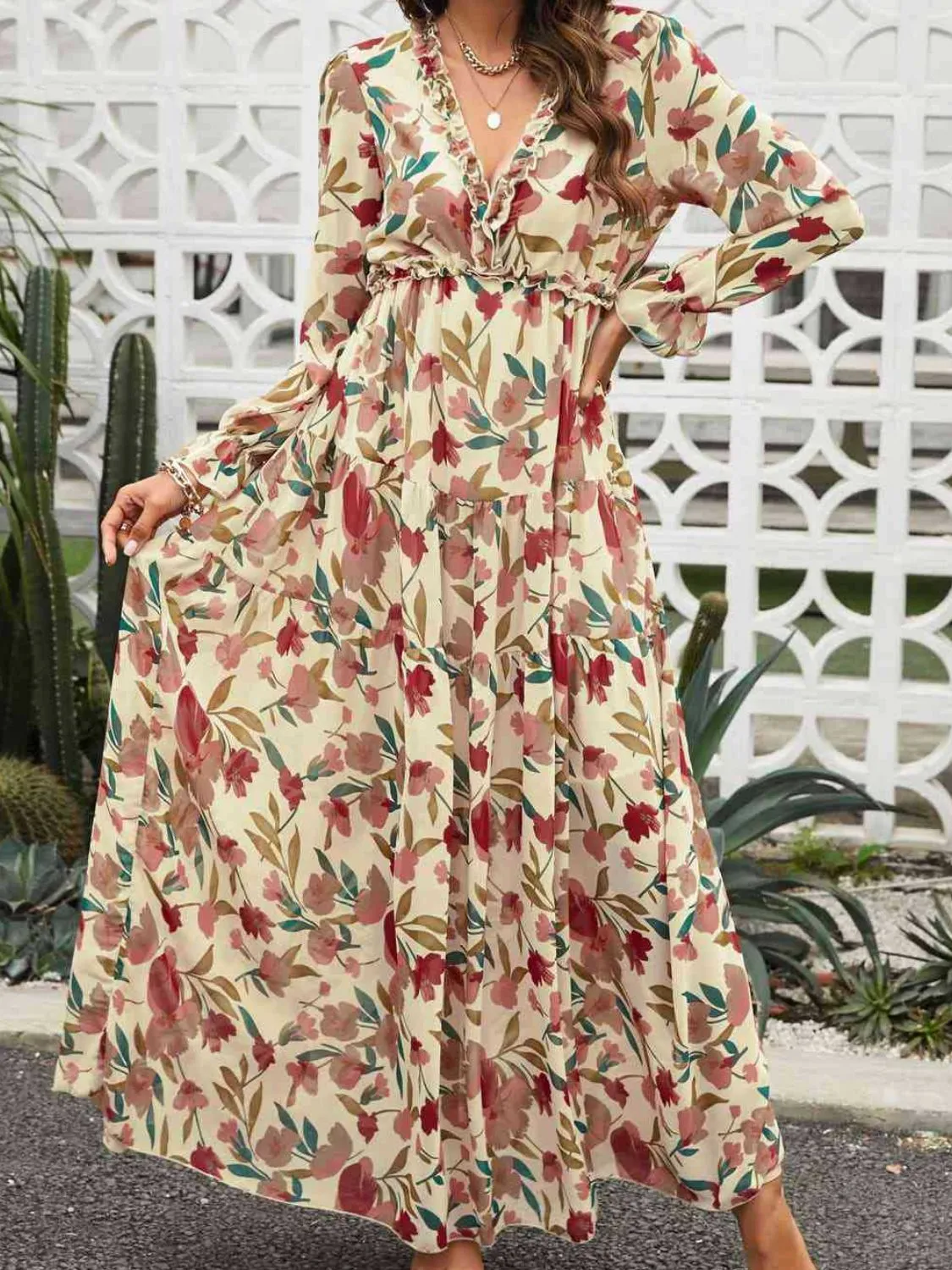 Frill Printed V-Neck Flounce Sleeve Dress - Image 7