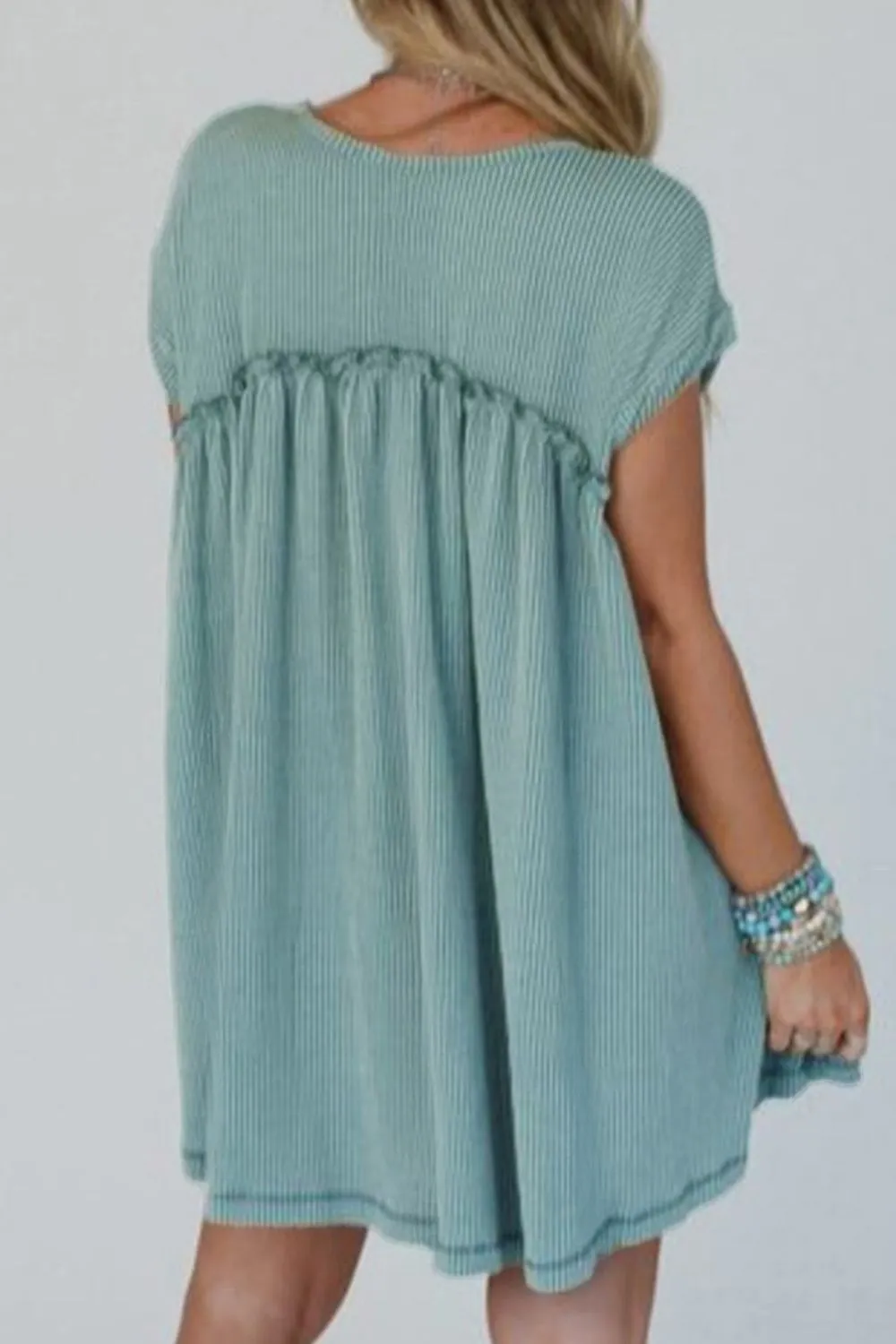 Frill Round Neck Cap Sleeve Mini Dress - Image 3