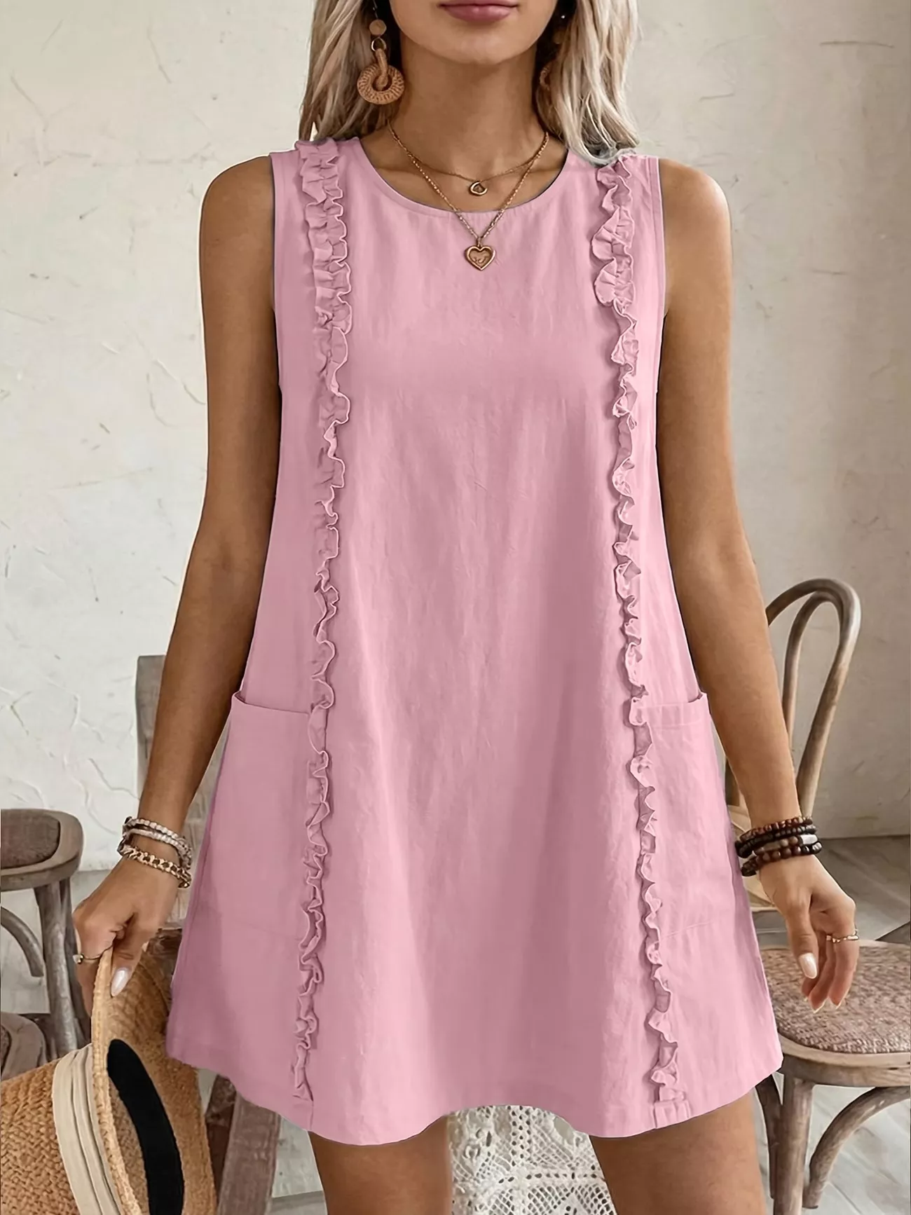 Frill Sleeveless Round Neck Dress - Image 16