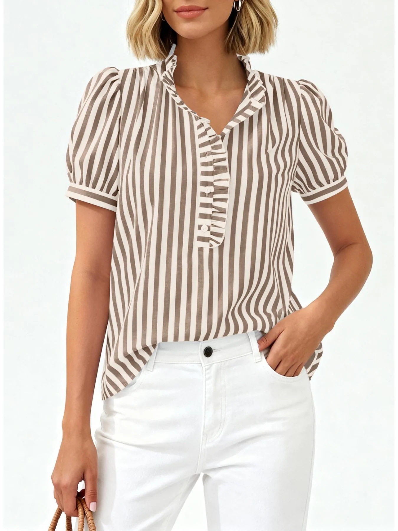 Frill Striped Puff Sleeve Blouse - Image 4