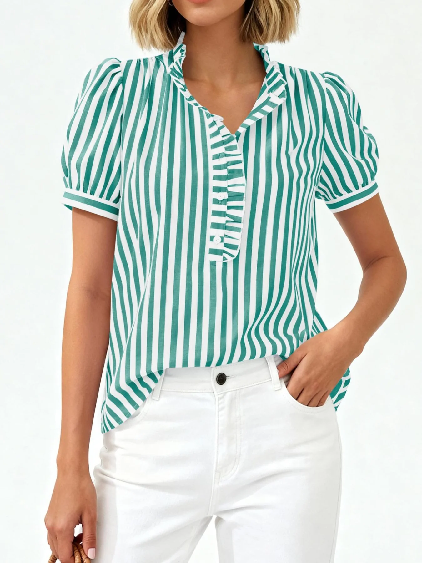 Frill Striped Puff Sleeve Blouse - Image 7