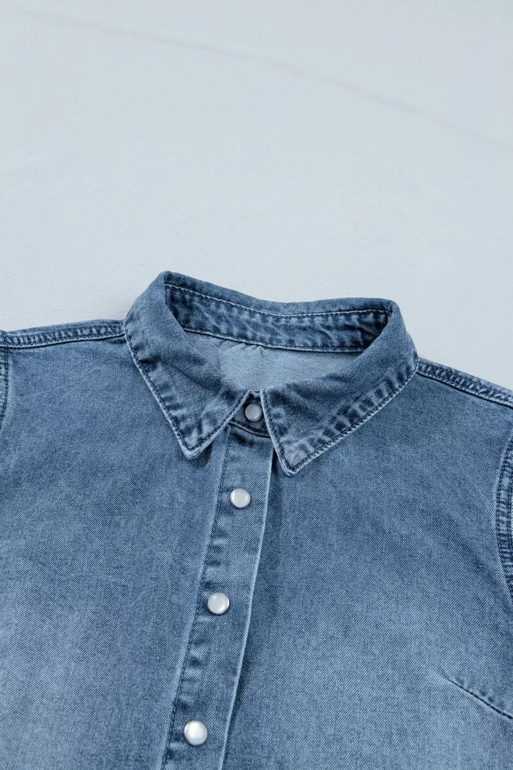 Frilled Short Sleeve Snap Button Denim Shirt - Image 6