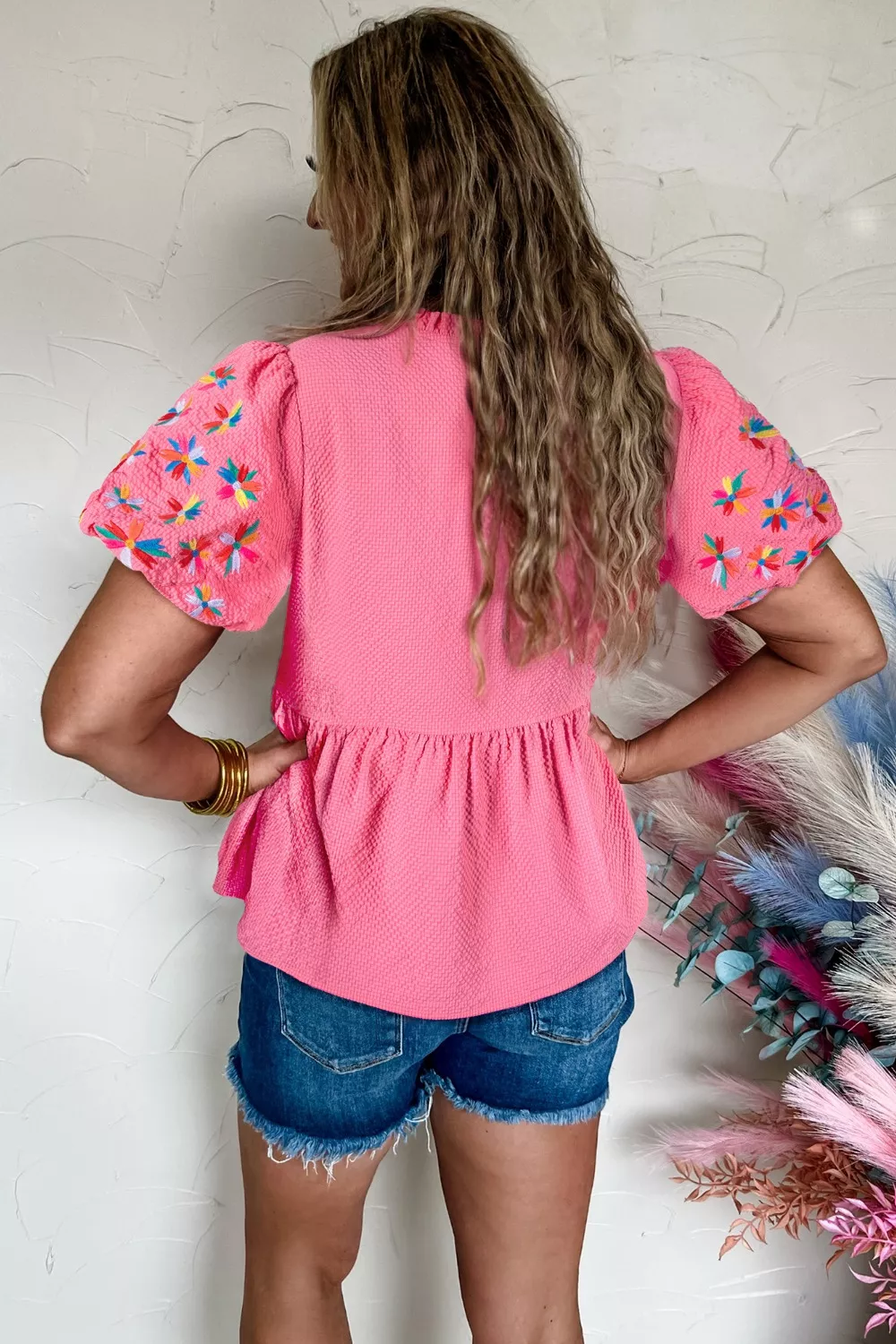 Frilled V Neck Flower Embroidered Puff Sleeve Textured Blouse - Image 2