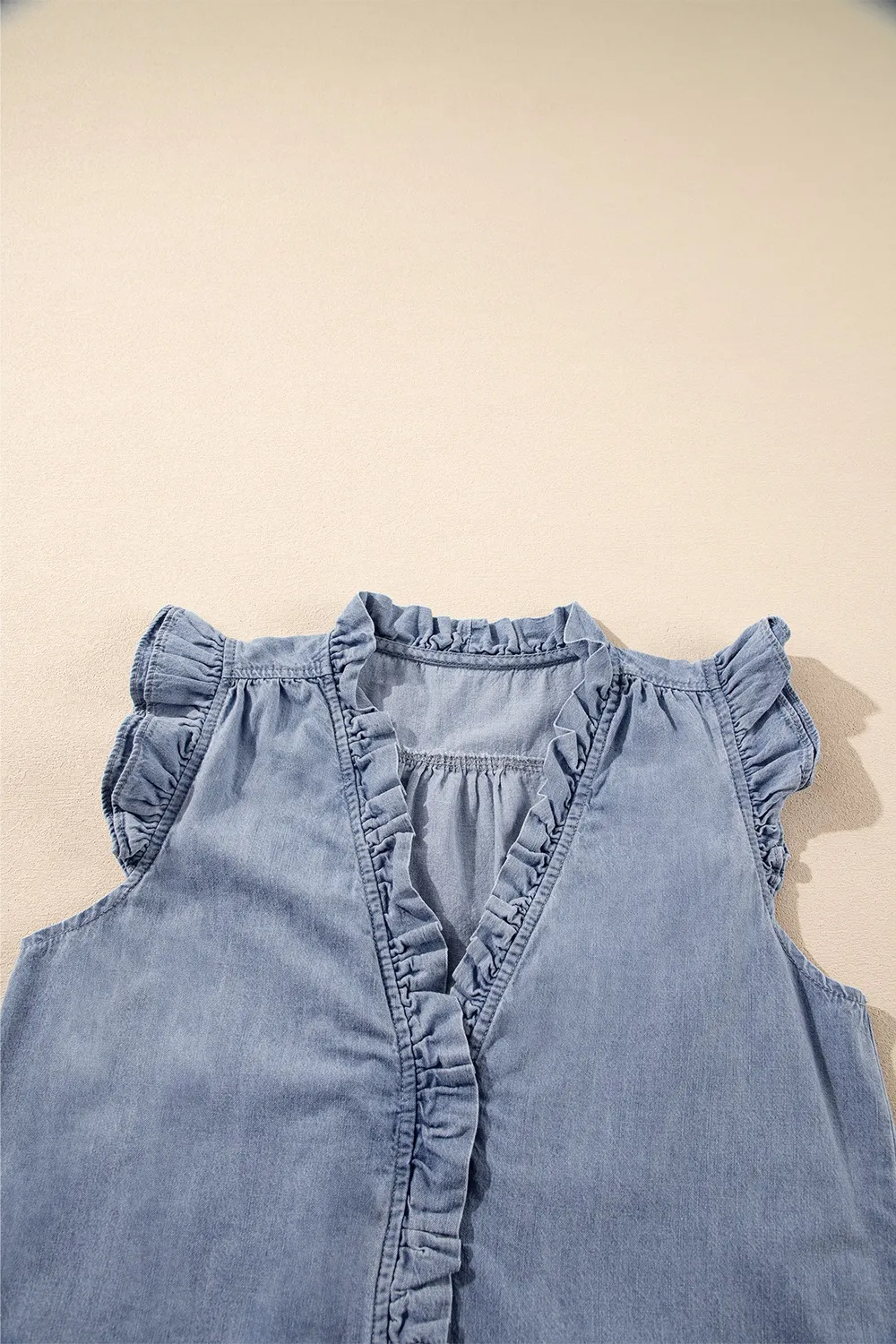 Frilly Ruffle Trim V Neck Chambray Tank - Image 8