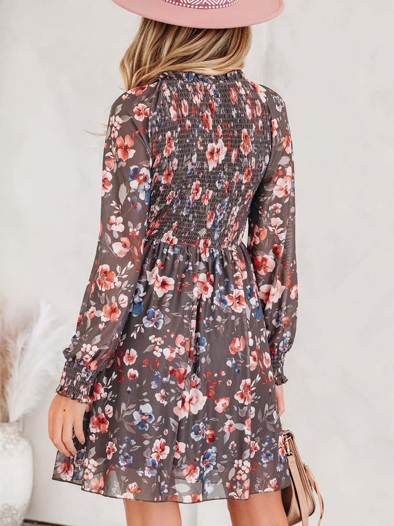 Frilly Smocked Bodice Floral Mesh Long Sleeve Mini Dress - Image 2