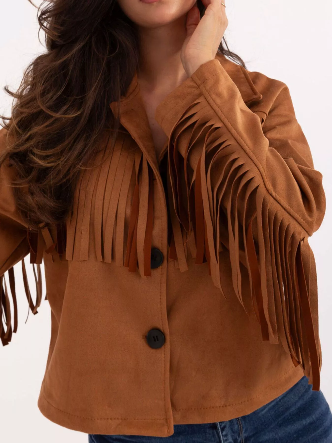 Fringe Button Up Suede Jacket - Image 15