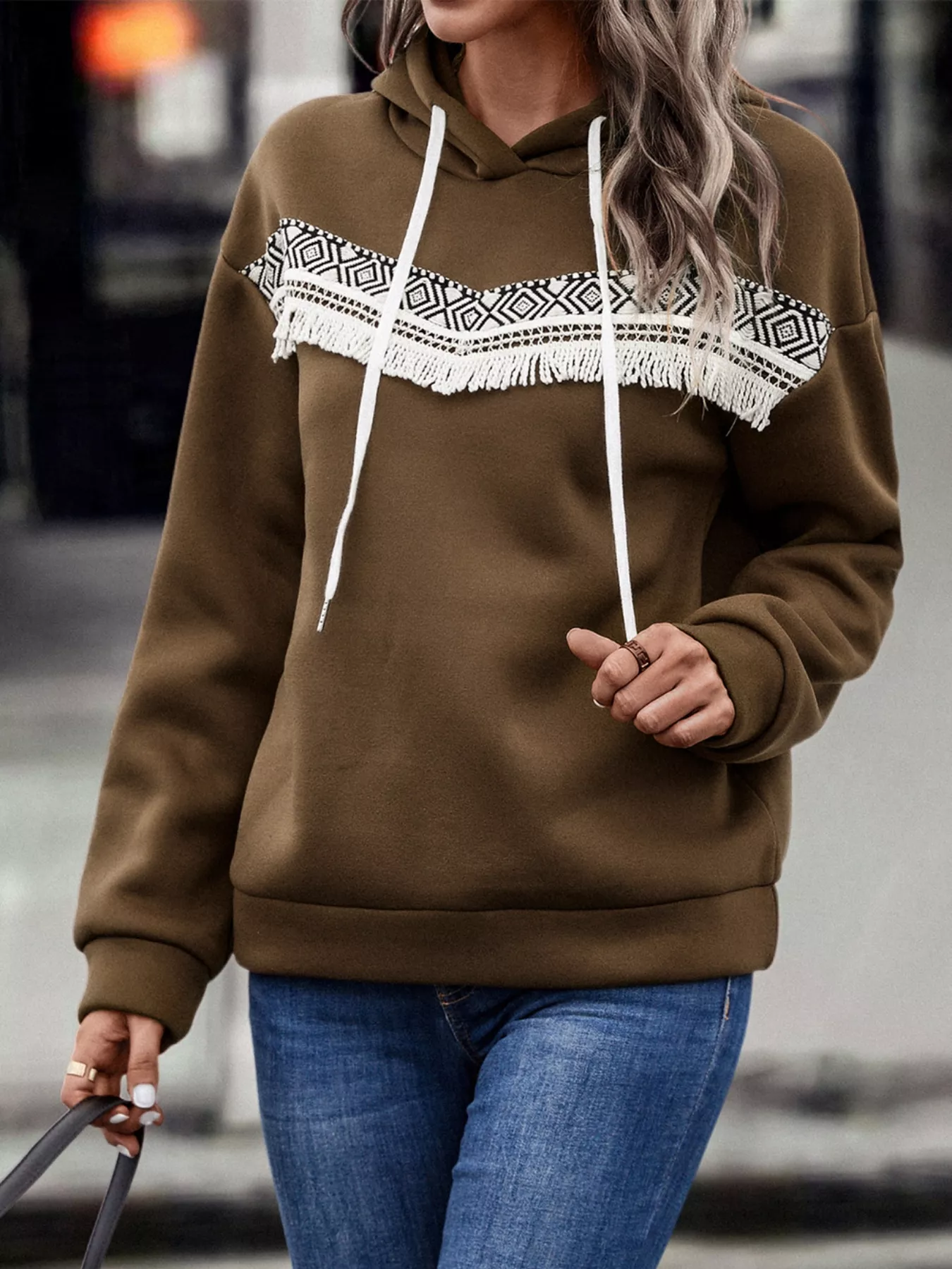 Fringe Detail Long Sleeve Drawstring Hoodie - Image 5