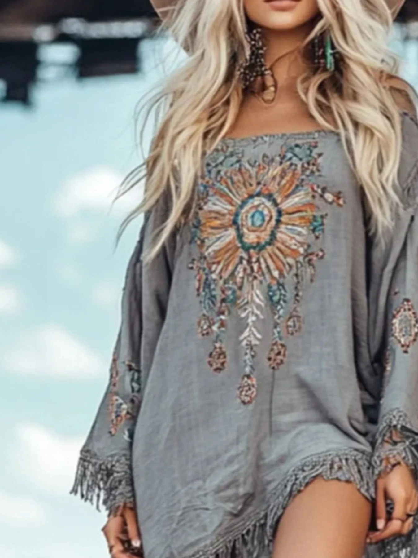 Fringe Hem Long Sleeve Mini Dress - Image 2
