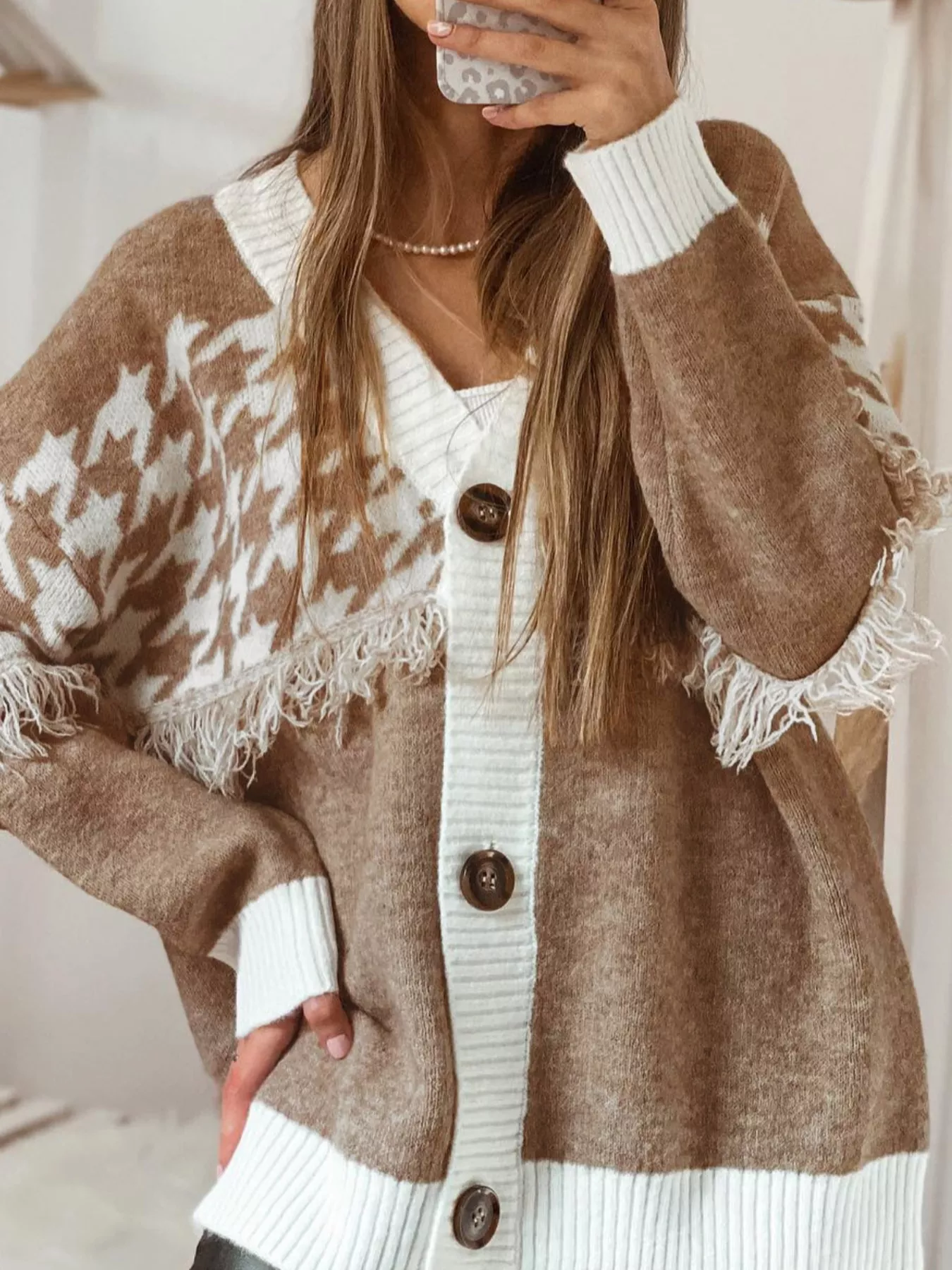 Fringe Trim Button-Up Cardigan - Image 2