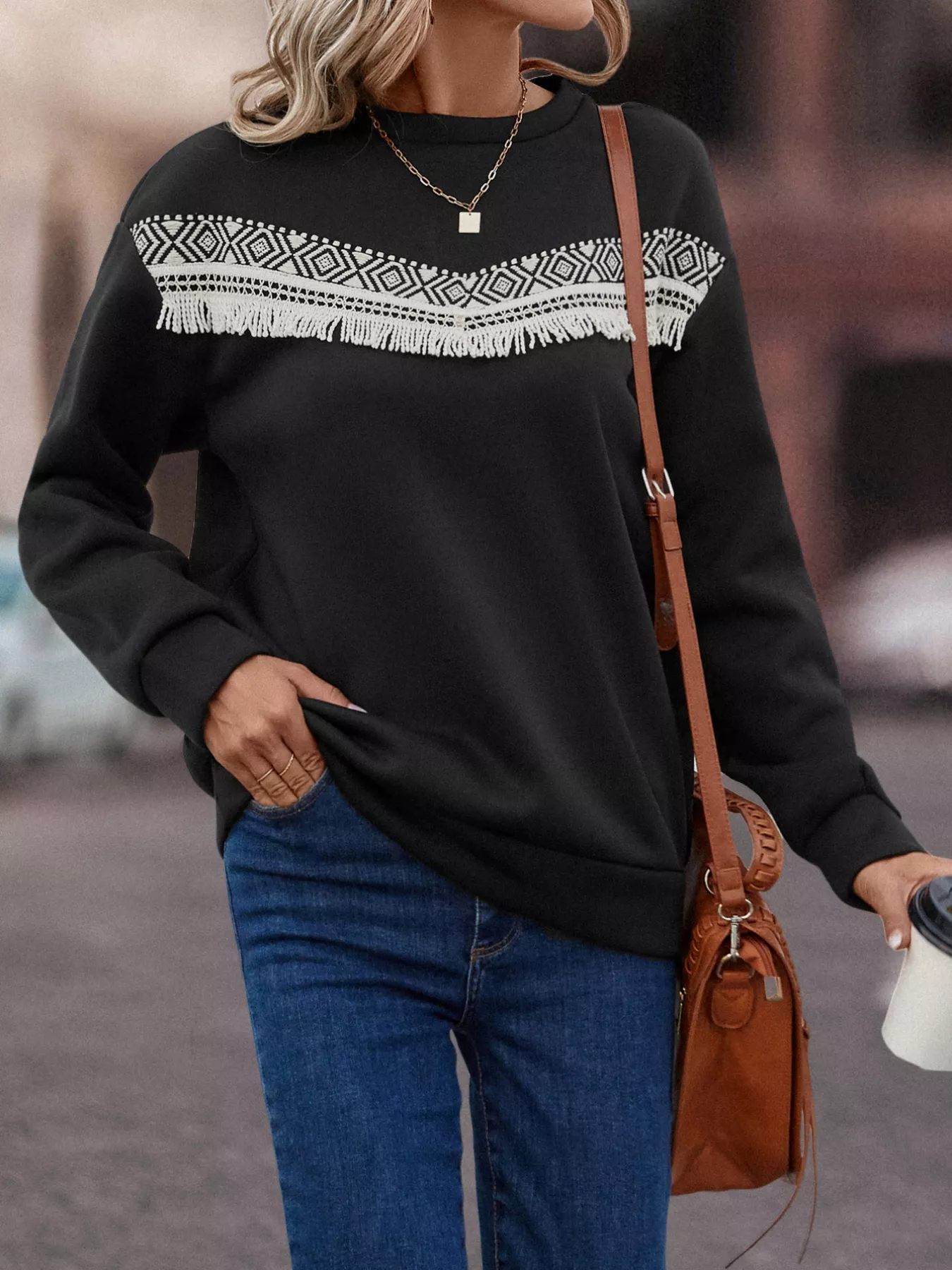 Fringe Trim Crew Neck Sweatshirt - Image 5