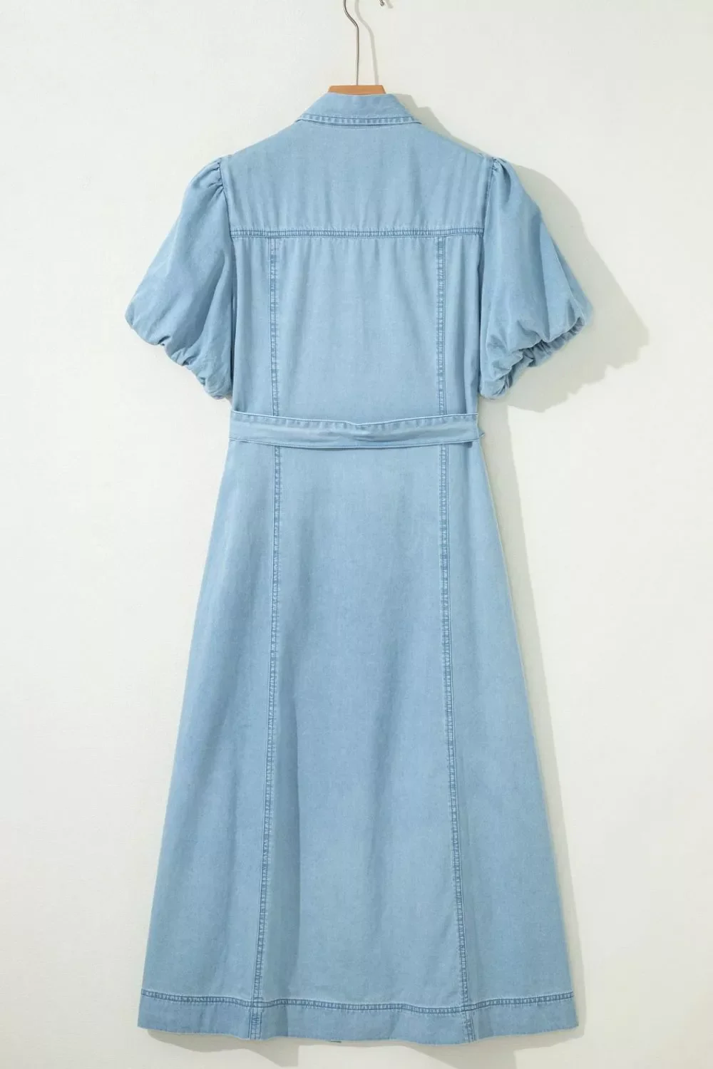 Full Buttons Collared Short Bubble Sleeve Long Denim Dress - Image 9