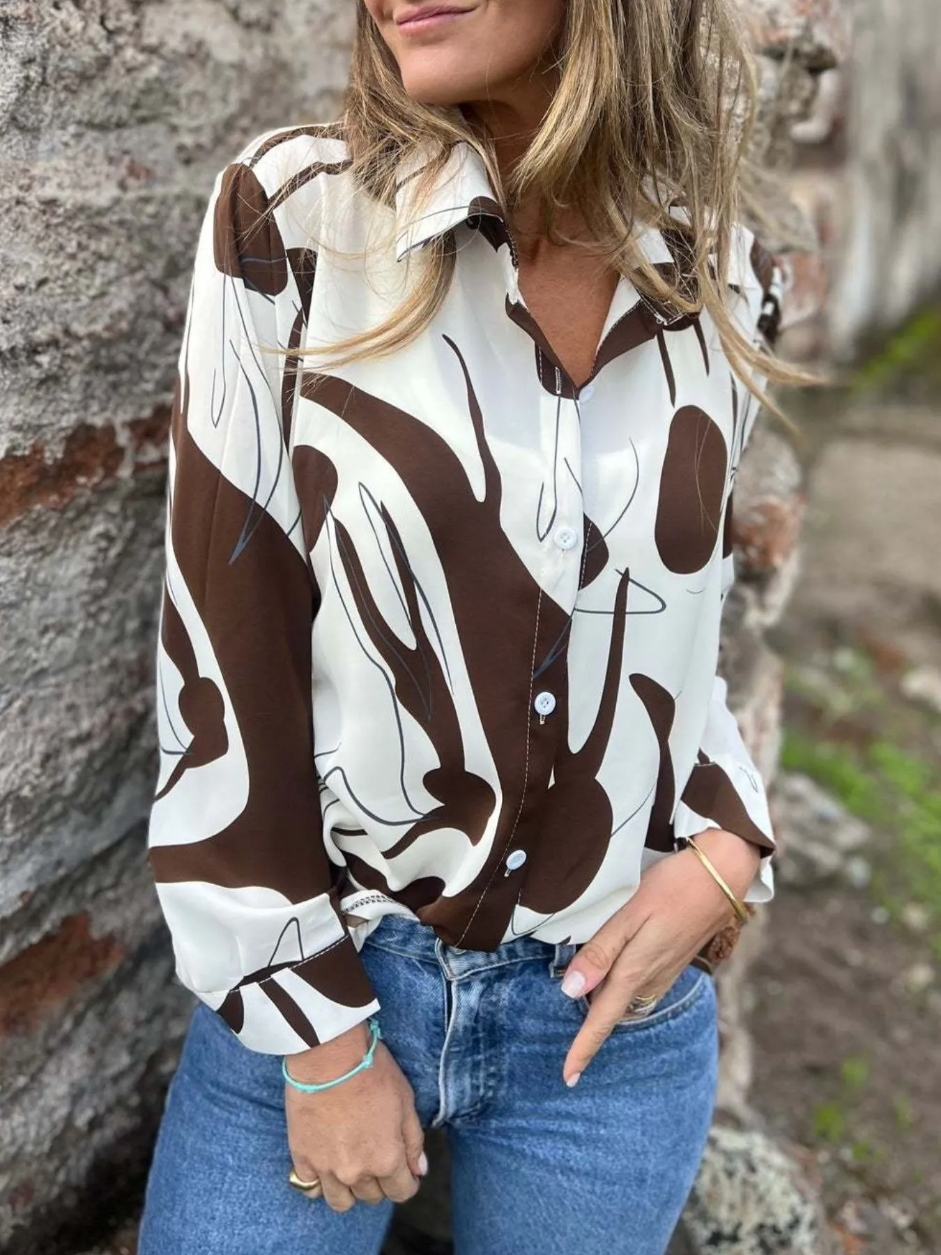 Full Size Abstract Print Long Sleeve Button-Up Shirt Plus Size - Image 8