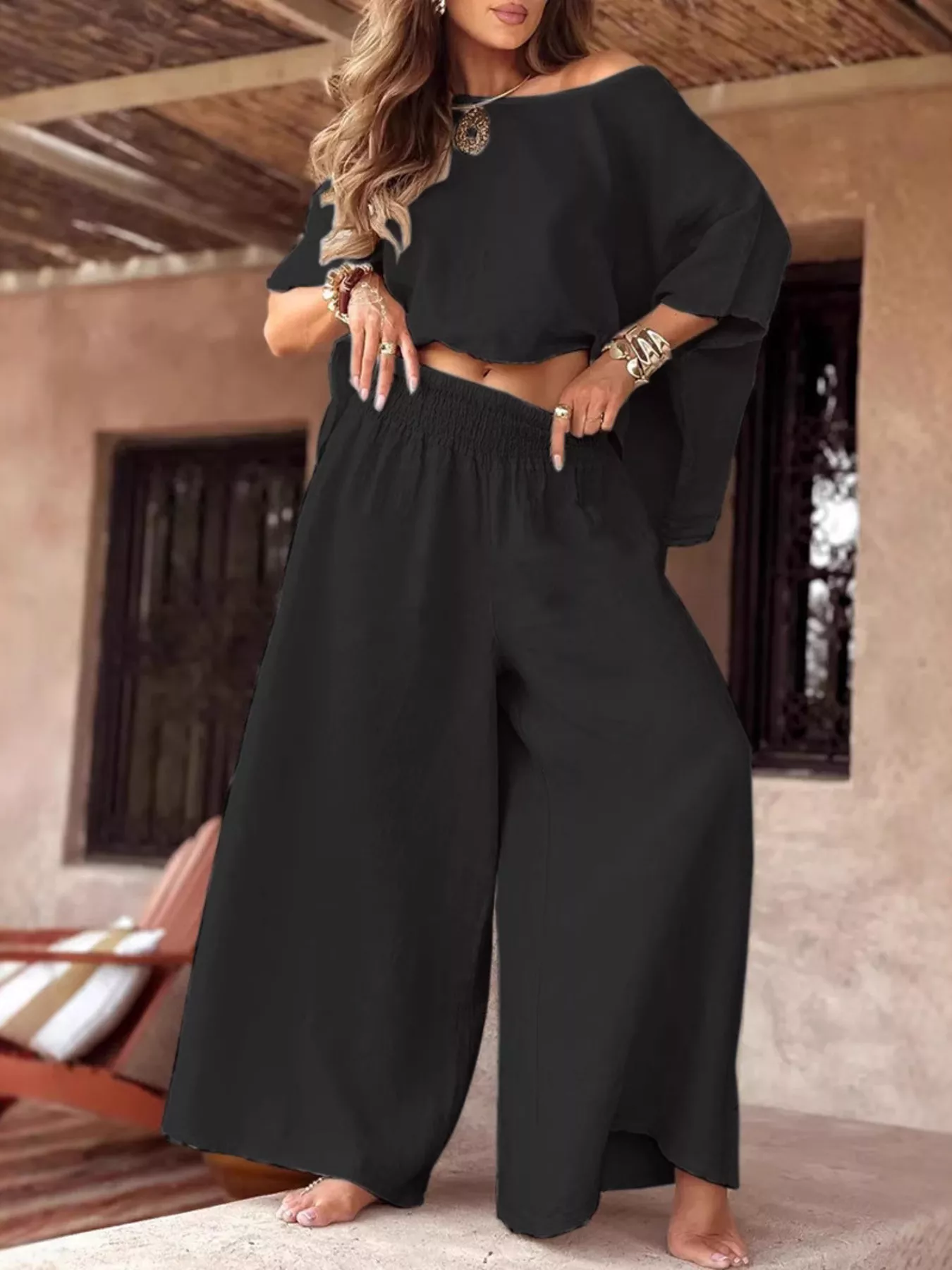 Full Size Boat Neck Top and Wide Leg Pants Set Plus Size - Image 10