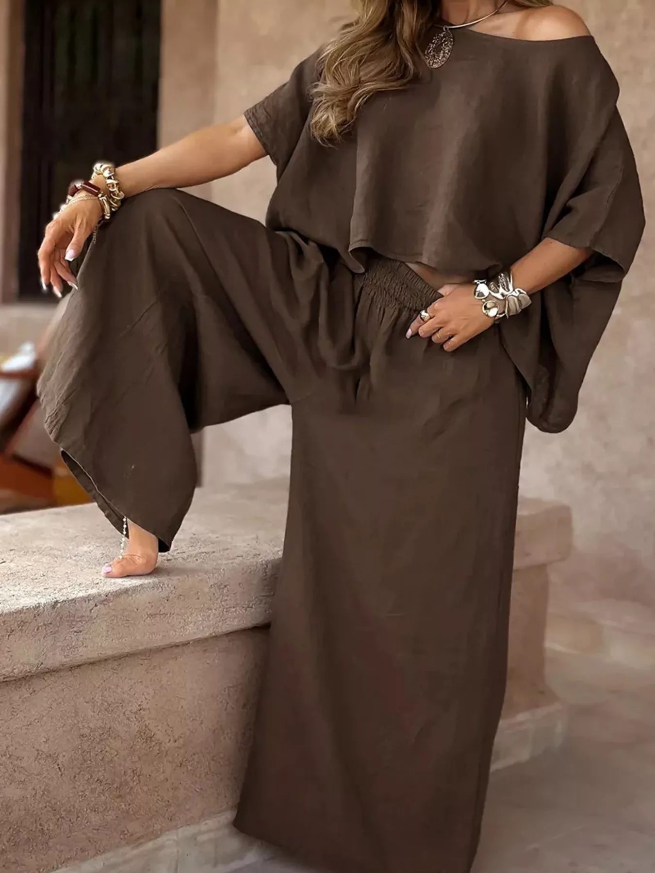 Full Size Boat Neck Top and Wide Leg Pants Set Plus Size - Image 2