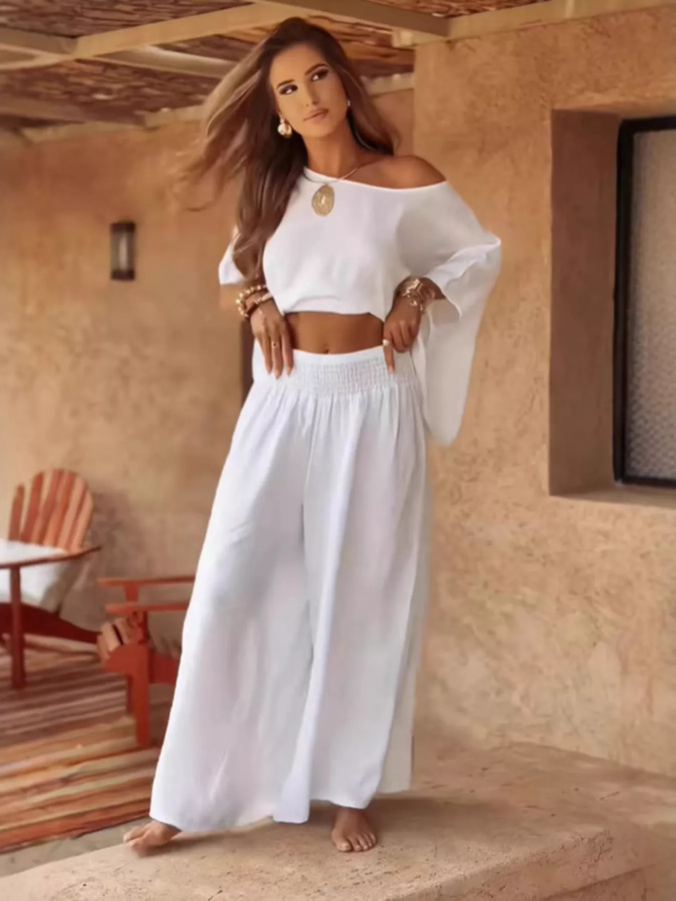 Full Size Boat Neck Top and Wide Leg Pants Set Plus Size - Image 4