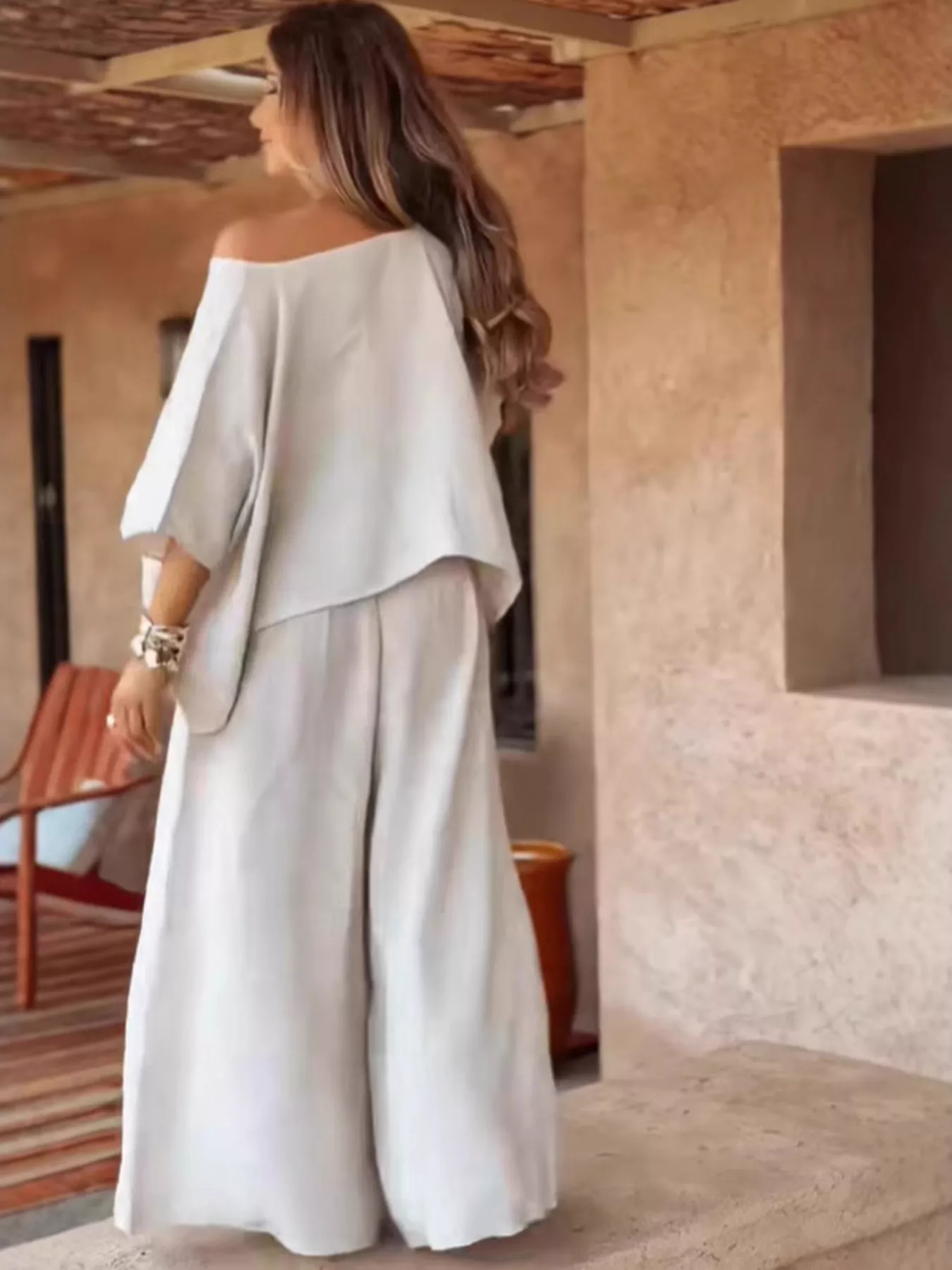 Full Size Boat Neck Top and Wide Leg Pants Set Plus Size - Image 5