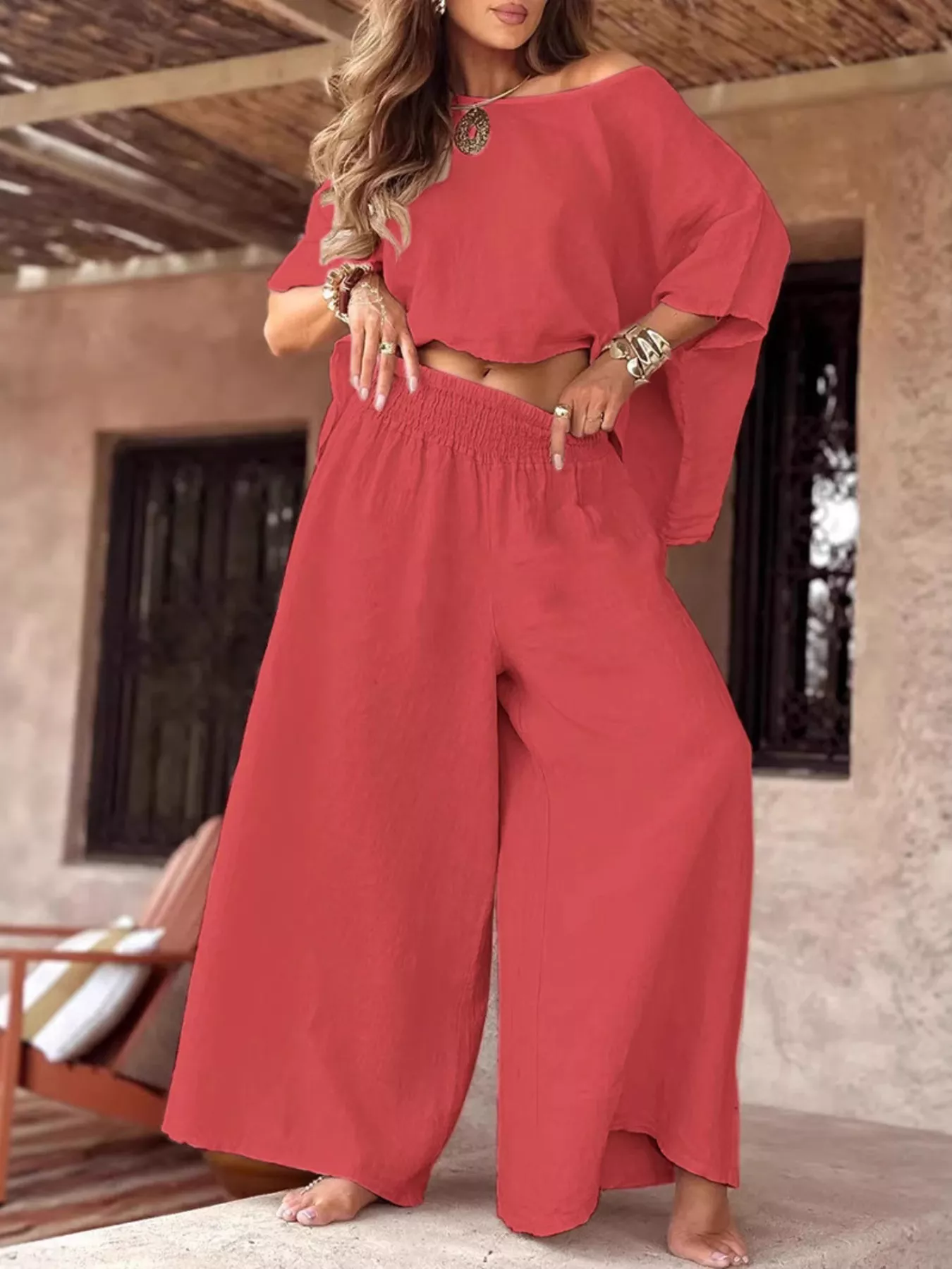 Full Size Boat Neck Top and Wide Leg Pants Set Plus Size - Image 7
