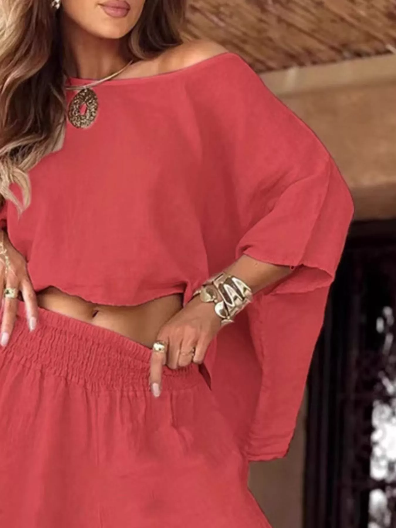 Full Size Boat Neck Top and Wide Leg Pants Set Plus Size - Image 8