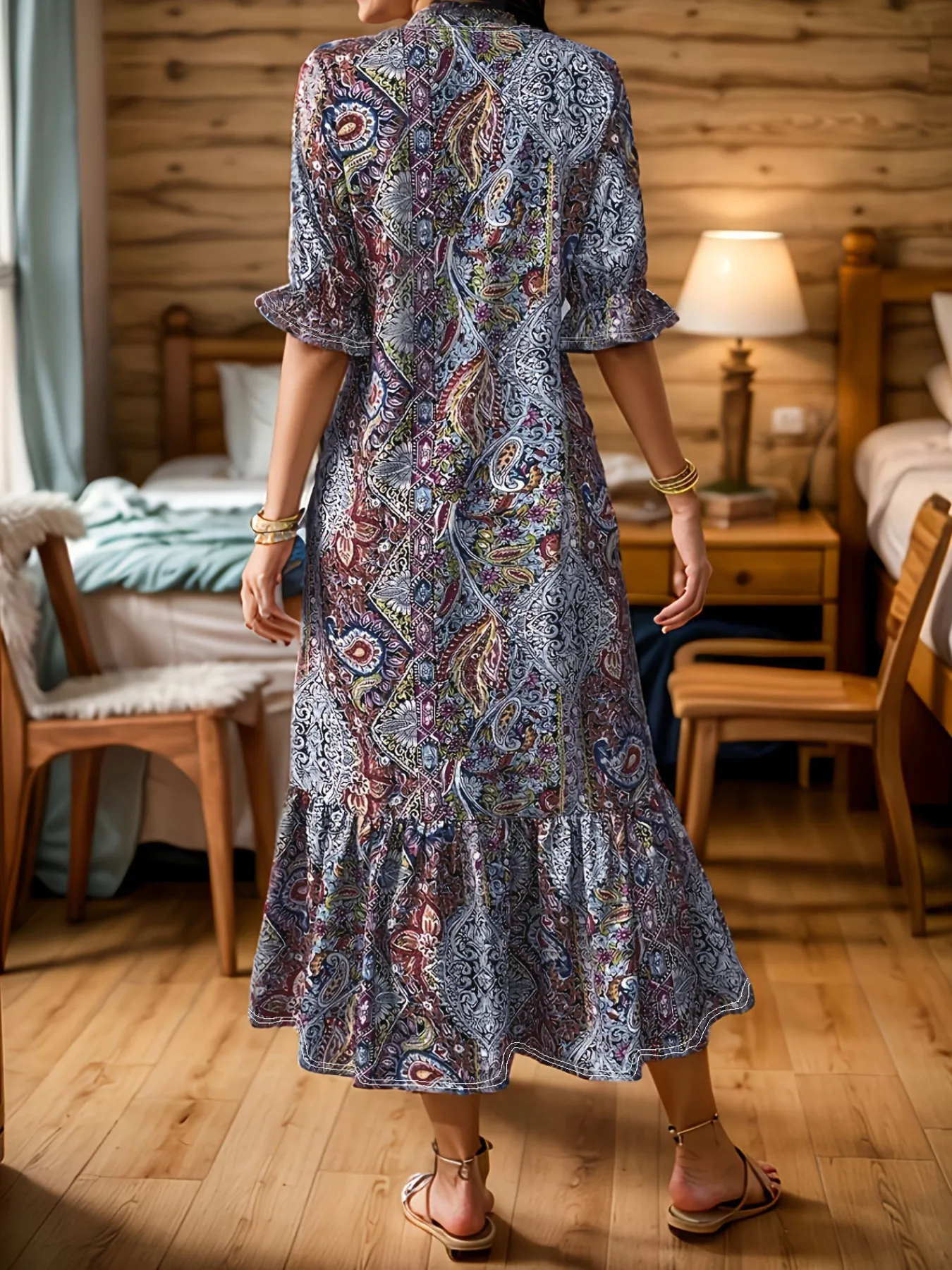 Full Size Bohemian Paisley Print Ruffle Hem Midi Dress Plus Size - Image 5