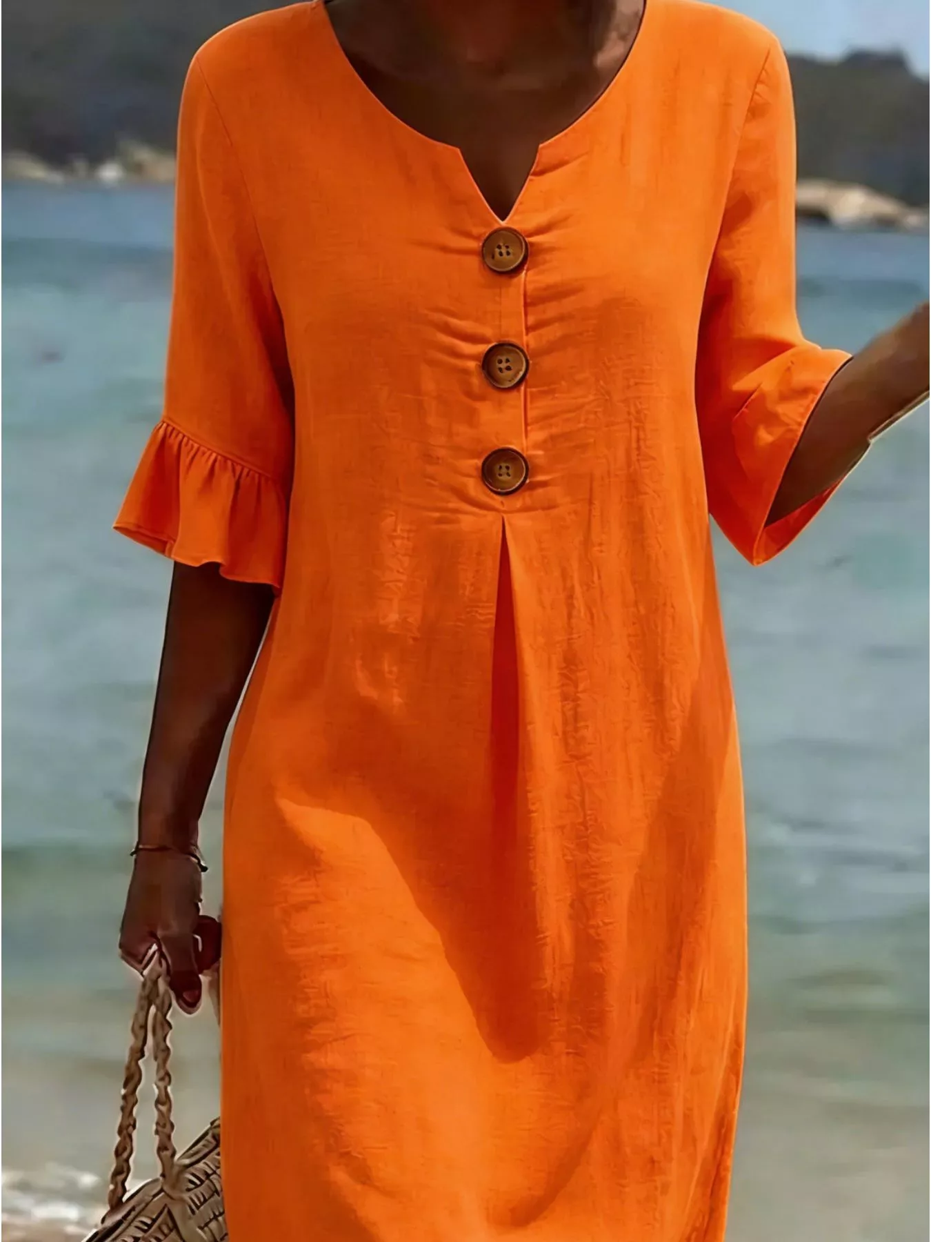 Full Size Button Decor Flounce Sleeve Dress Plus Size - Image 11