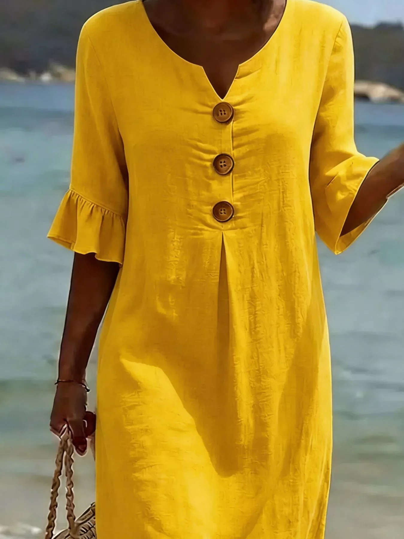 Full Size Button Decor Flounce Sleeve Dress Plus Size - Image 13