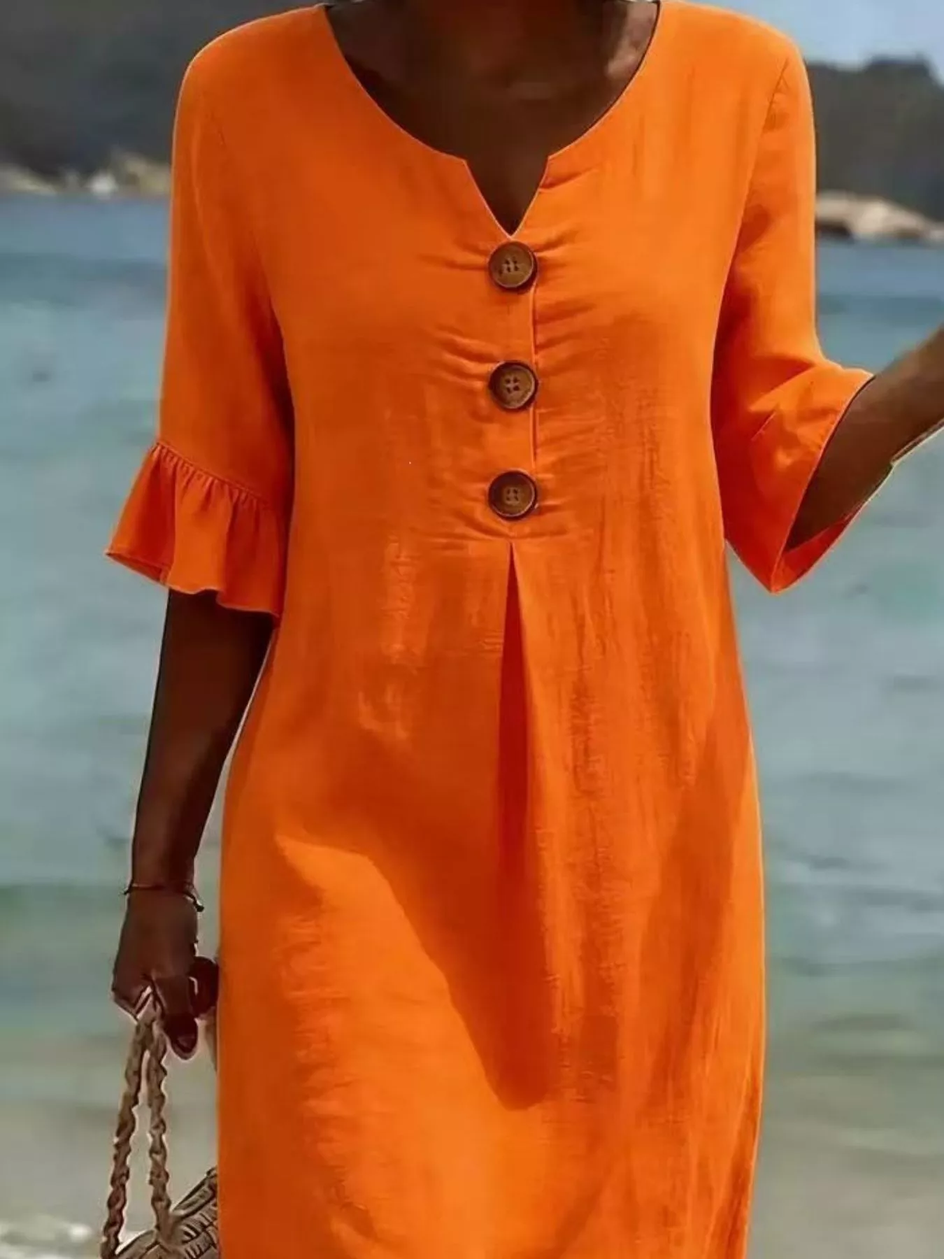 Full Size Button Decor Ruffle Sleeve Midi Dress Plus Size - Image 10