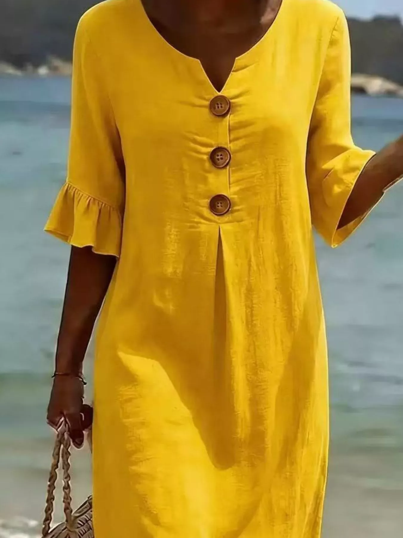 Full Size Button Decor Ruffle Sleeve Midi Dress Plus Size - Image 11