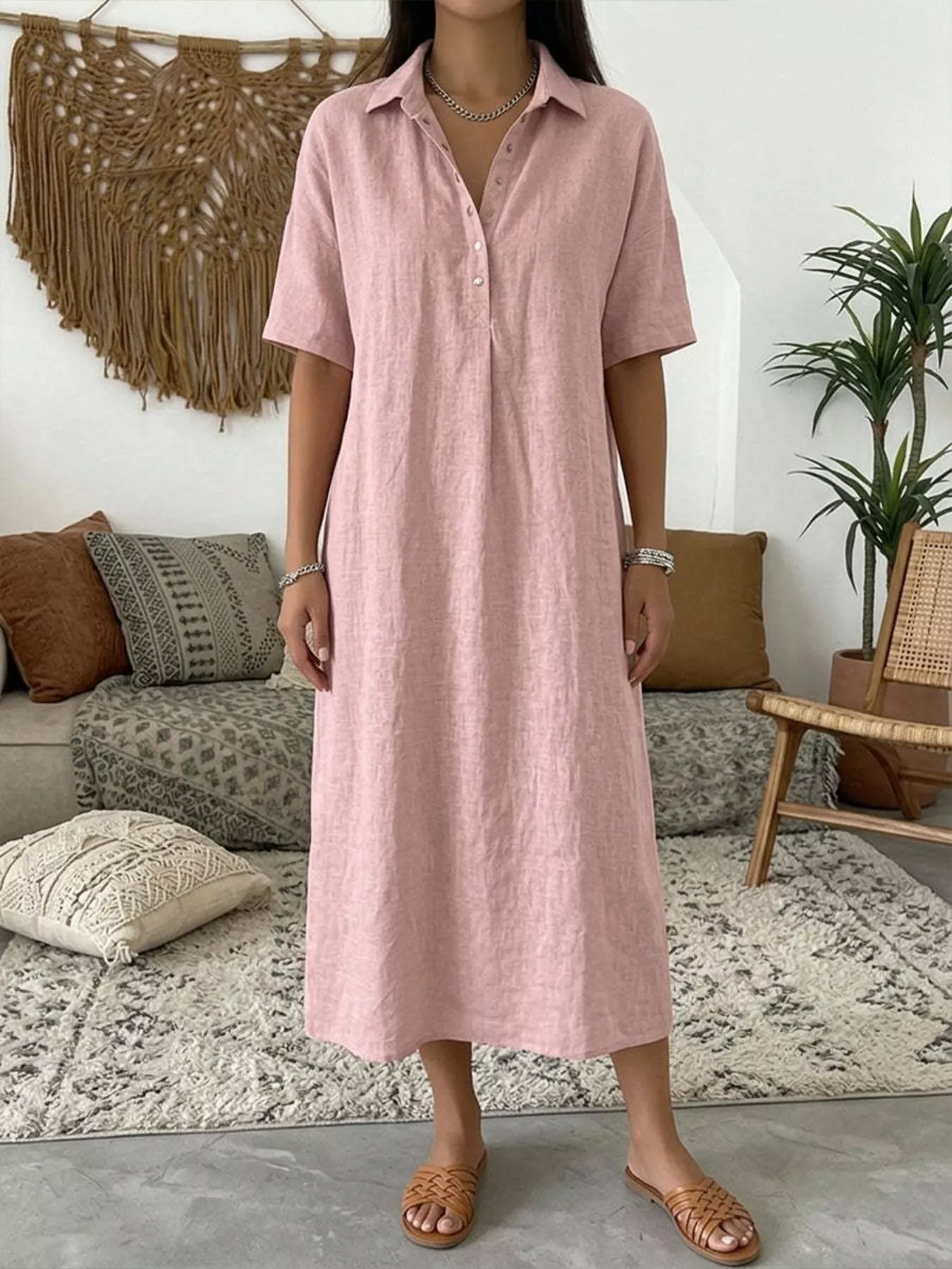 Full Size Button Detail Half Sleeve Dress Plus Size - Image 11