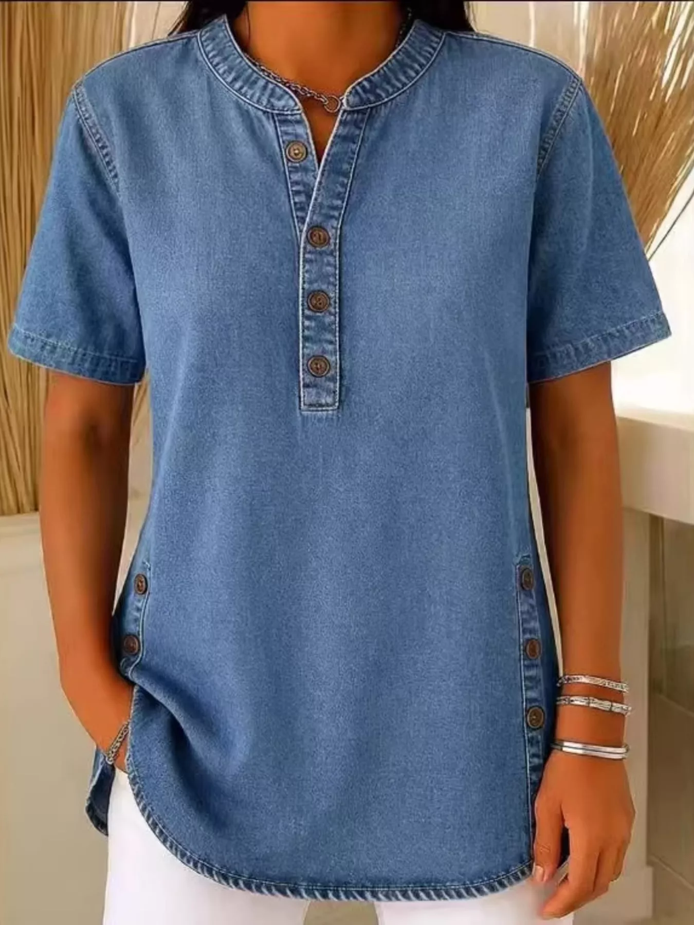 Full Size Button Detail Short Sleeve Blouse Plus Size