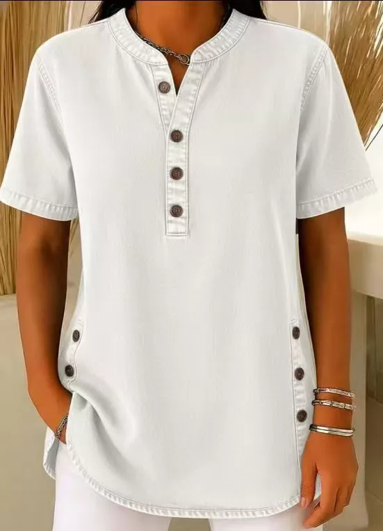 Full Size Button Detail Short Sleeve Blouse Plus Size - Image 11