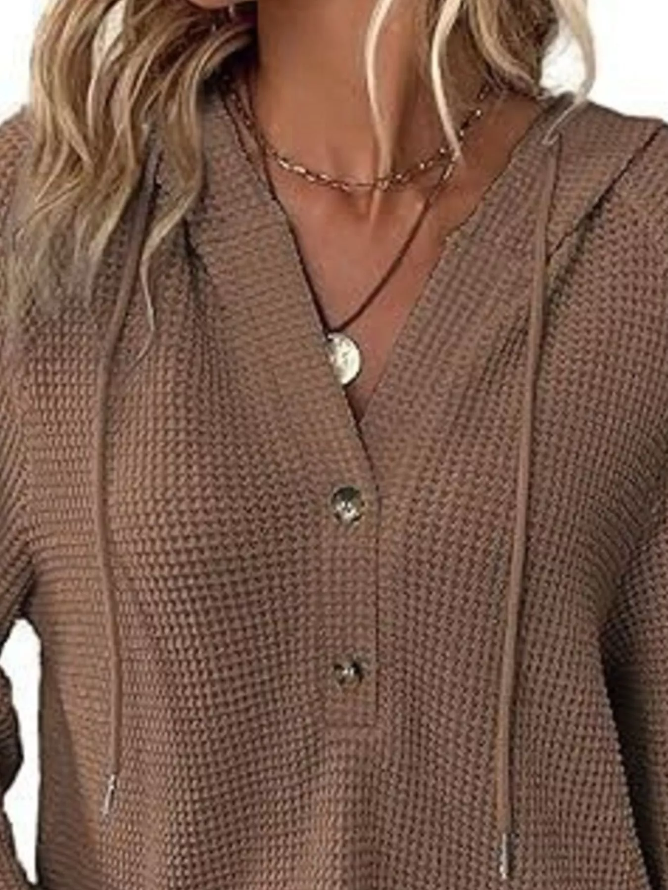 Full Size Button Detail Waffle Knit Hoodie Plus Size - Image 17