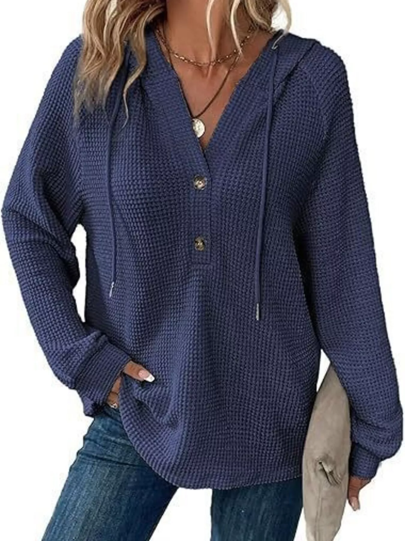 Full Size Button Detail Waffle Knit Hoodie Plus Size - Image 28