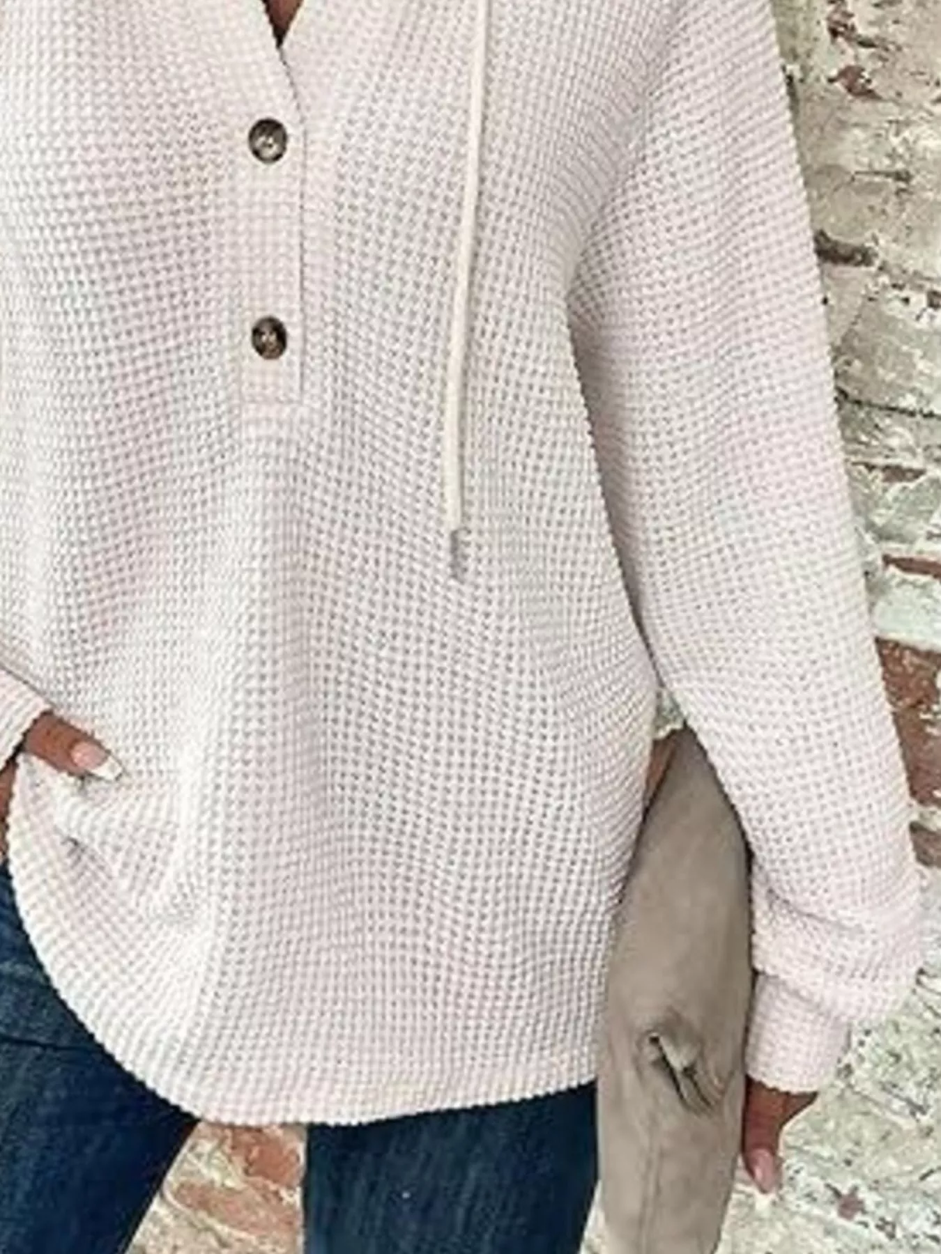 Full Size Button Detail Waffle Knit Hoodie Plus Size - Image 3
