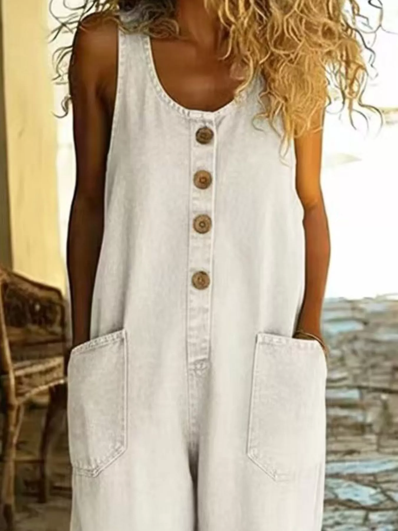 Full Size Button Detail Wide Strap Jumpsuit Plus Size - Image 10