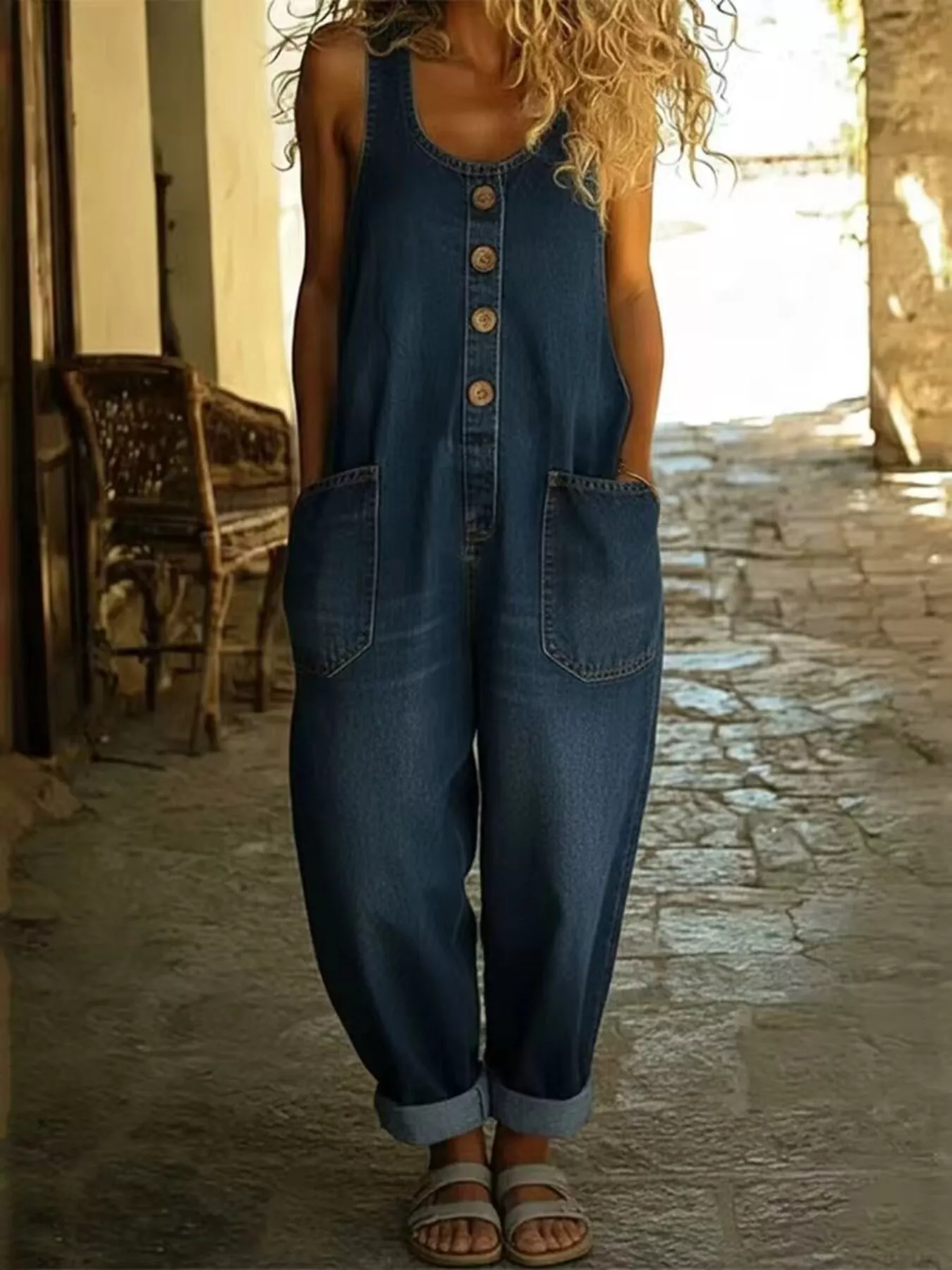 Full Size Button Detail Wide Strap Jumpsuit Plus Size - Image 7