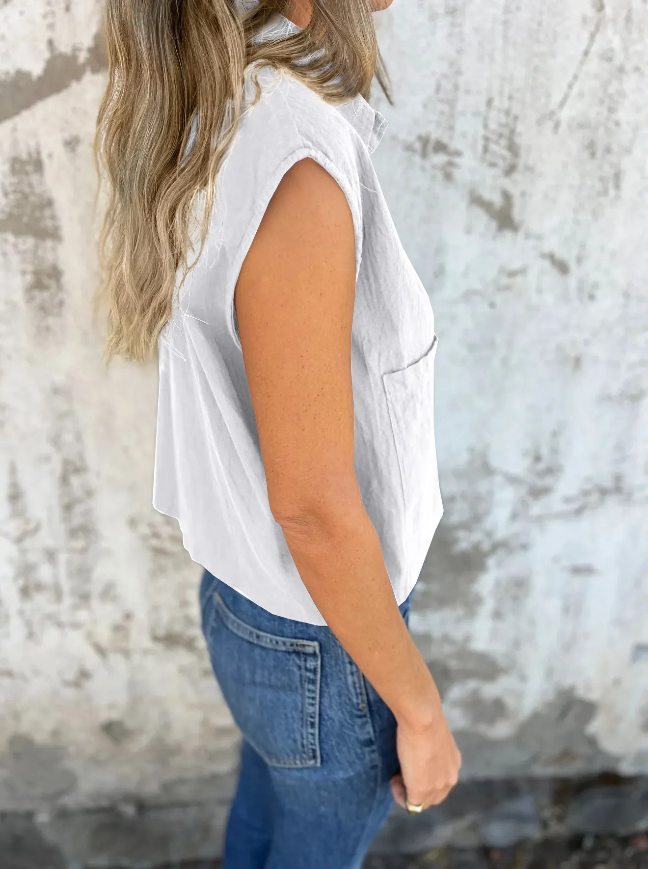 Full Size Button Down Cap Sleeve Linen Shirt Plus Size - Image 18