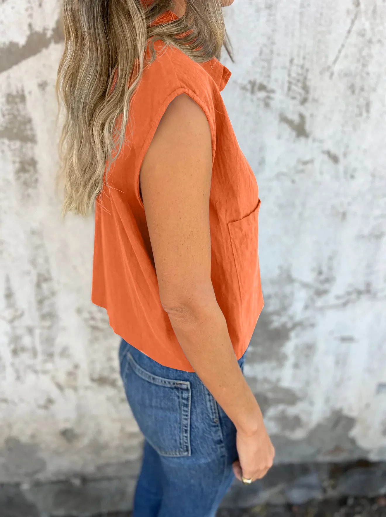 Full Size Button Down Cap Sleeve Linen Shirt Plus Size - Image 3