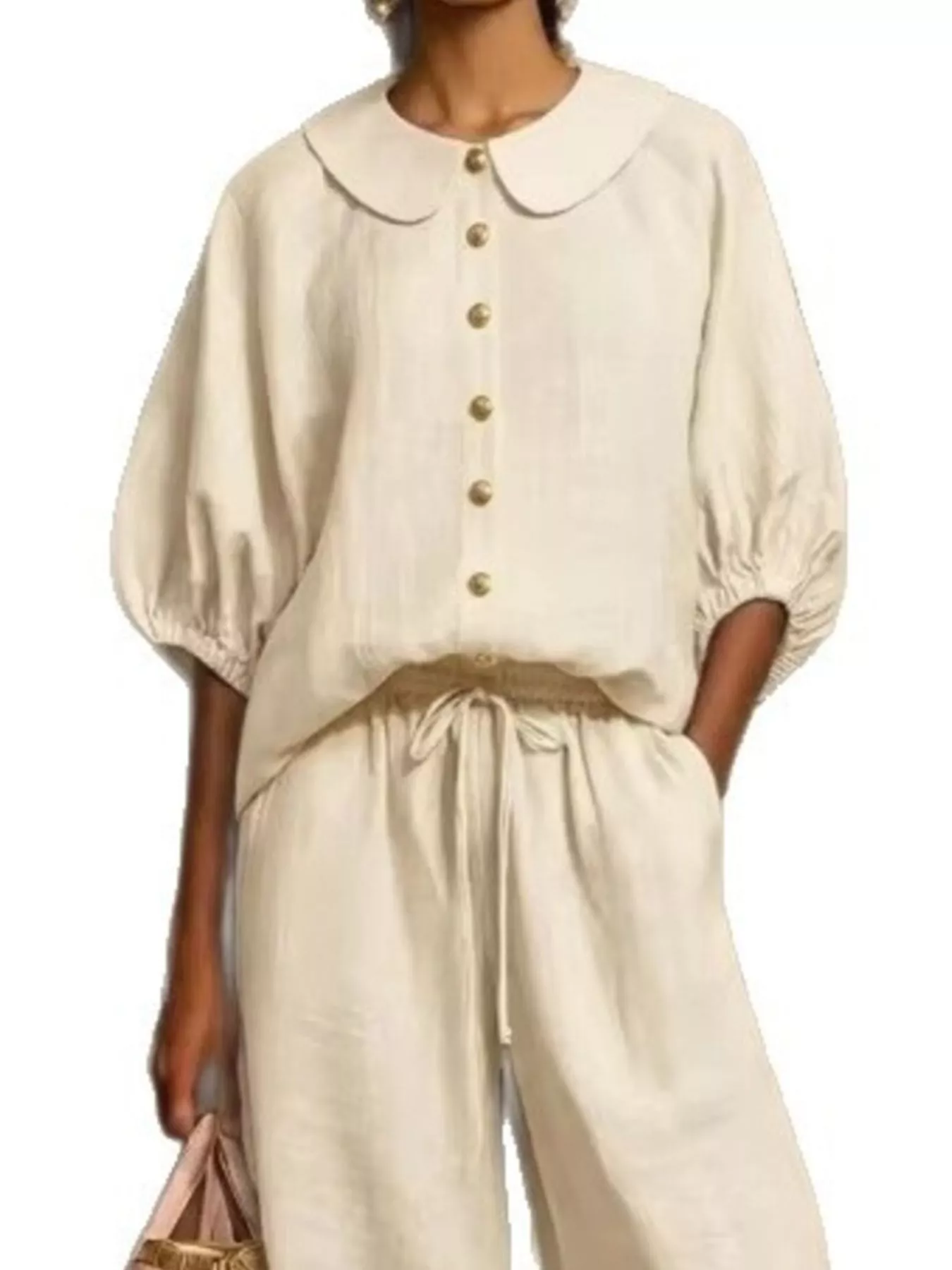 Full Size Button Down Half Sleeve Top and Pants Set Plus Size - Image 2