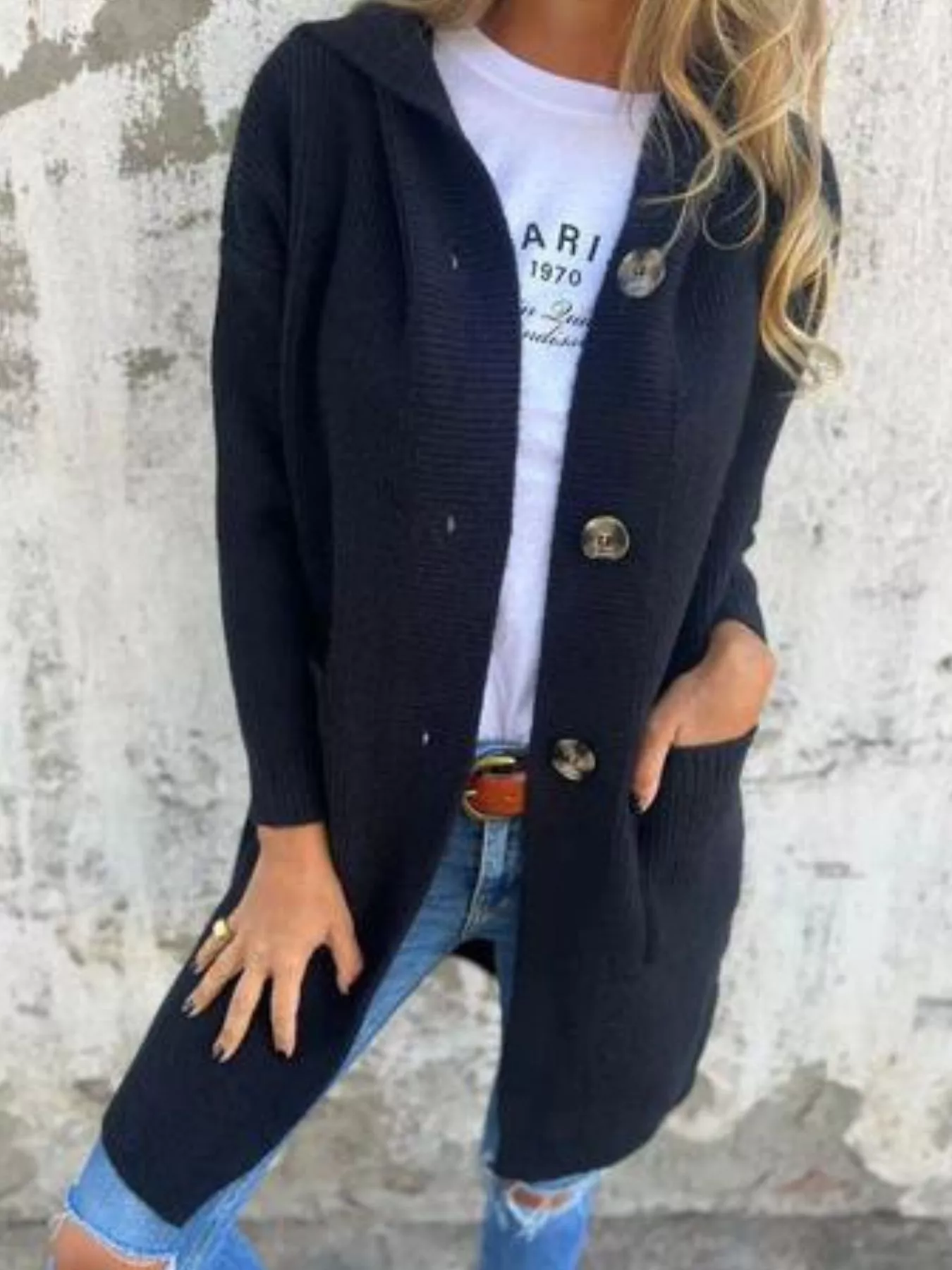 Full Size Button-Down Hooded Cardigan Plus Size - Image 4