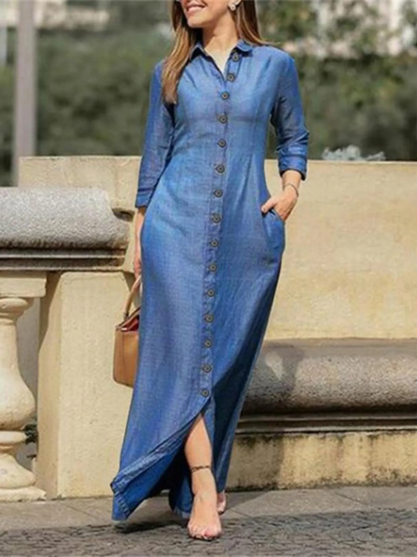 Full Size Button-Down Maxi Denim Dress Plus Size - Image 4