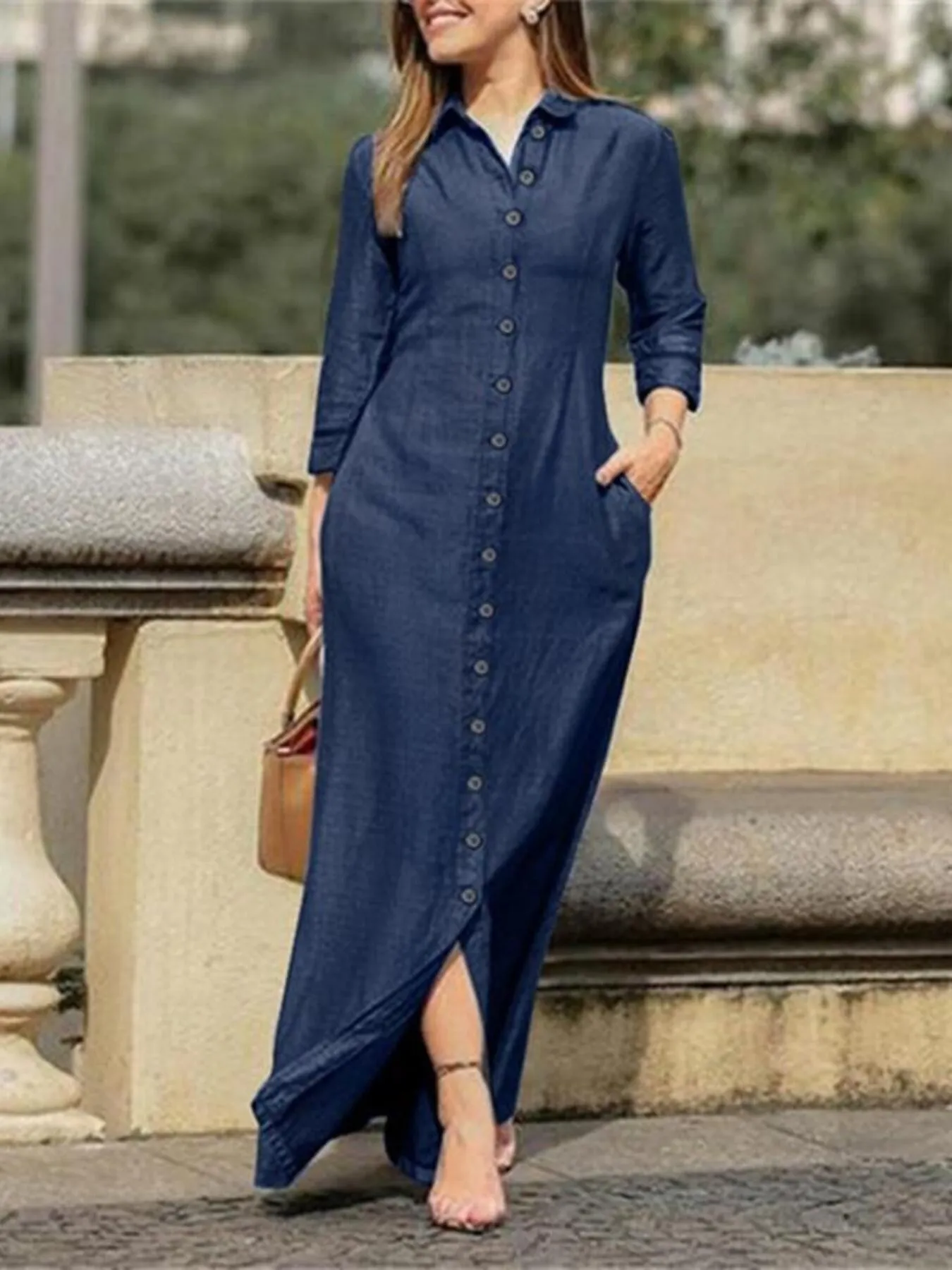 Full Size Button-Down Maxi Denim Dress Plus Size - Image 6
