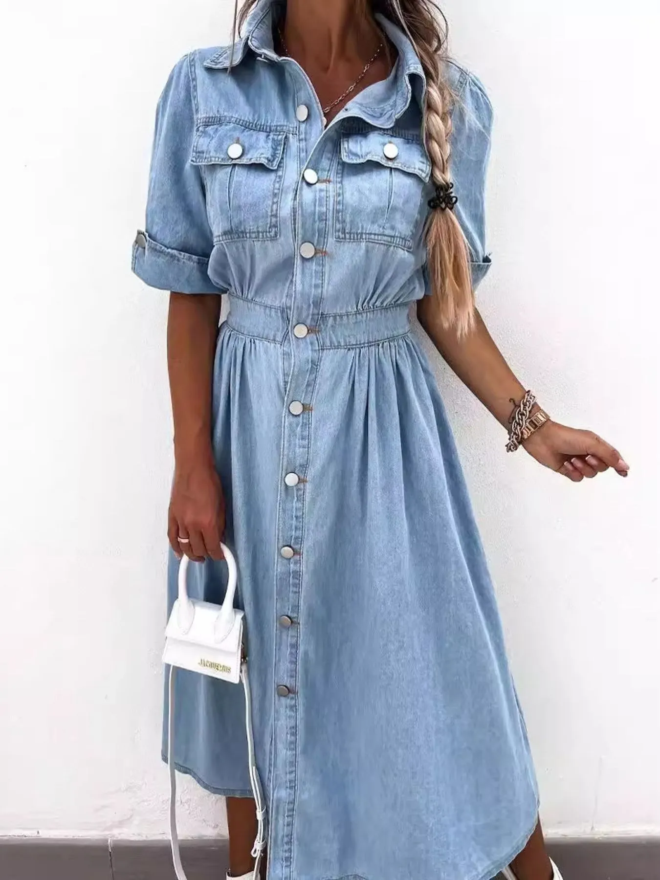 Full Size Button Down Roll-Up Sleeve Denim Shirt Dress Plus Size - Image 2