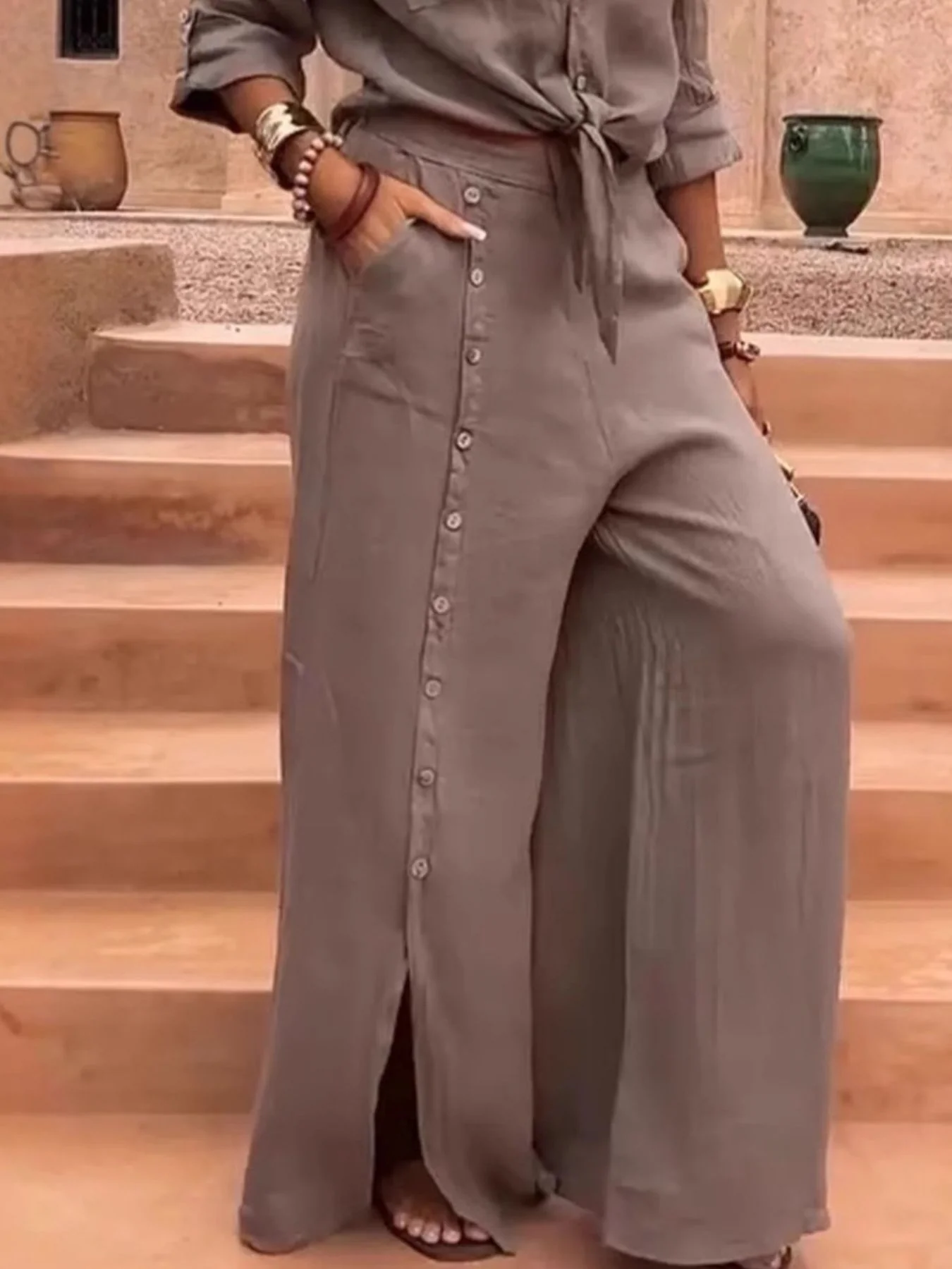 Full Size Button-Down Shirt and Wide-Leg Pants Set Plus Size - Image 9