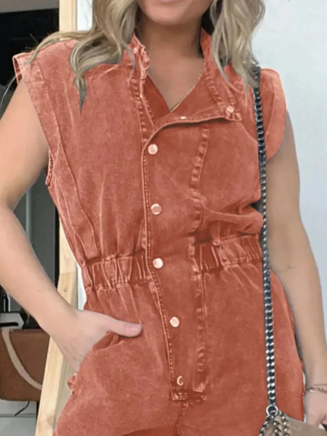 Full Size Button Front Cap Sleeve Denim Jumpsuit Plus Size - Image 10
