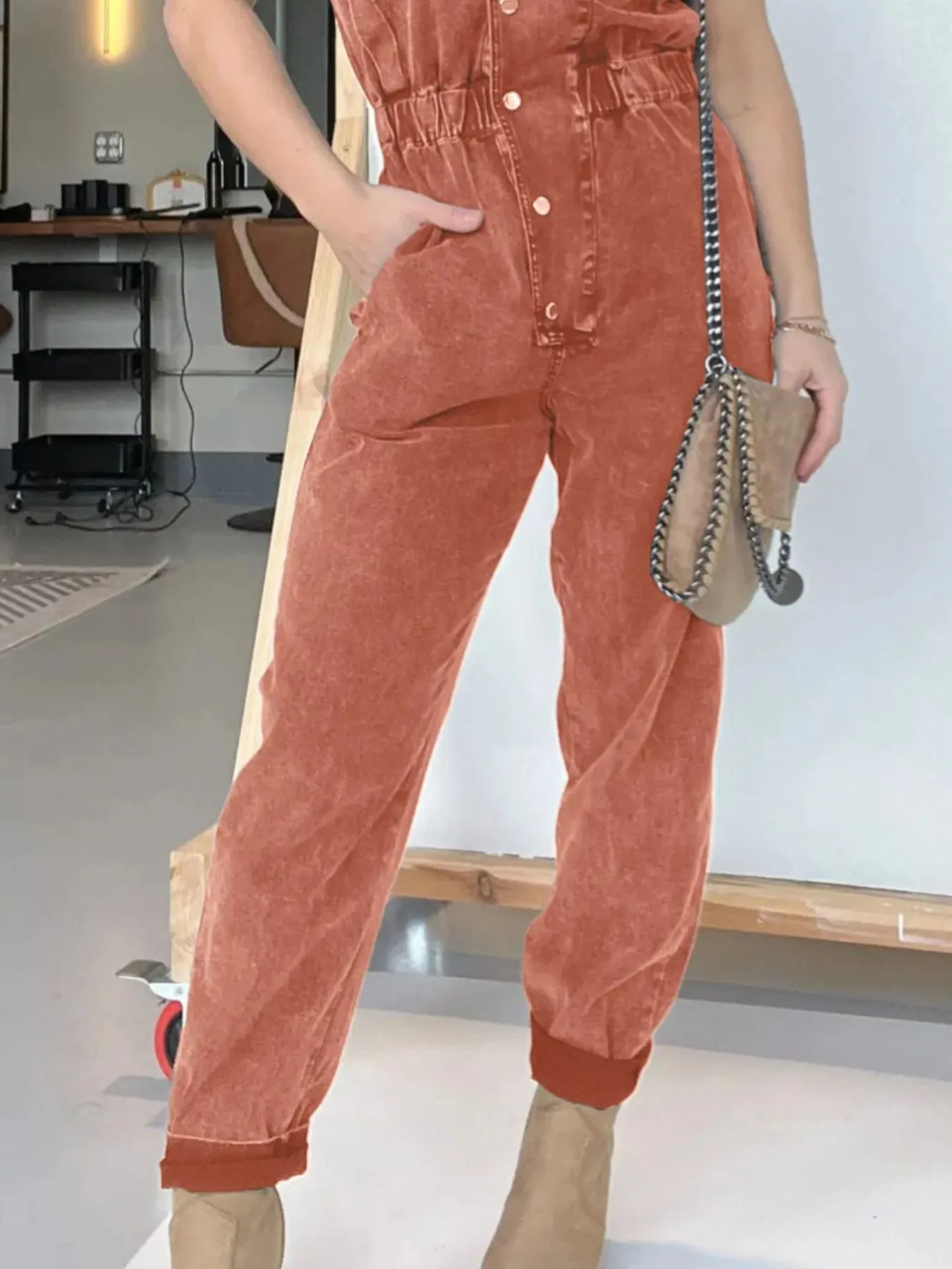Full Size Button Front Cap Sleeve Denim Jumpsuit Plus Size - Image 11