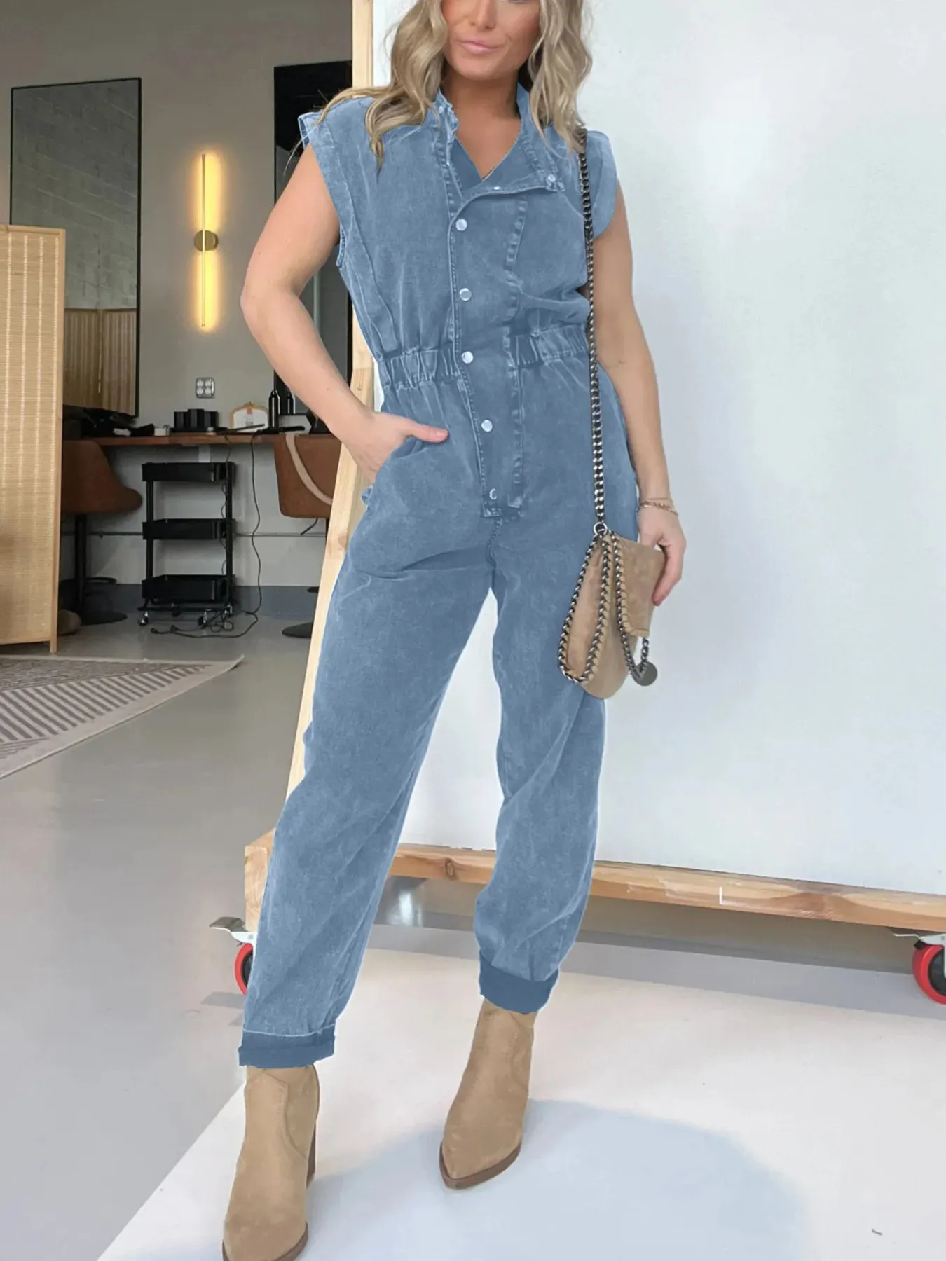 Full Size Button Front Cap Sleeve Denim Jumpsuit Plus Size - Image 12