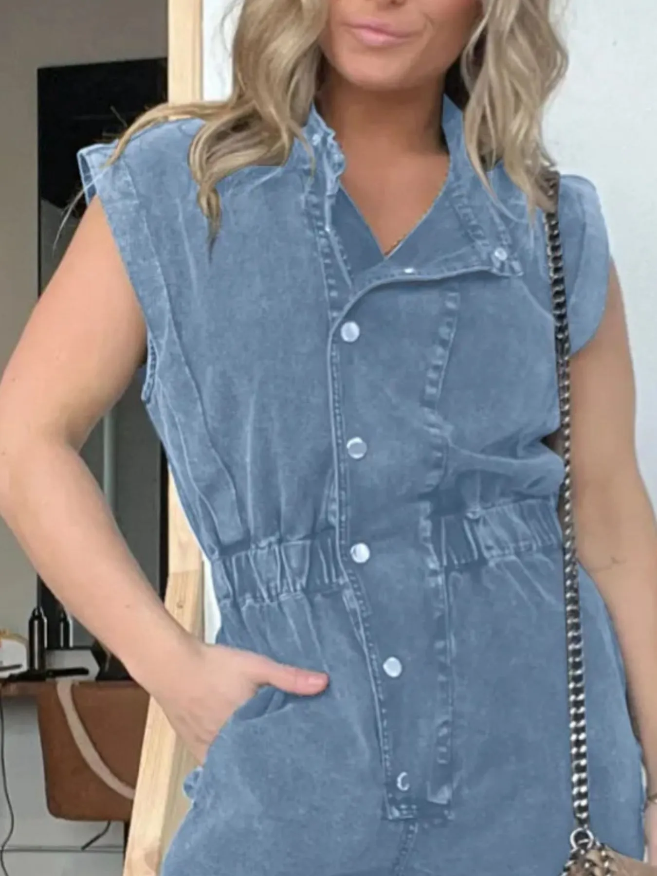 Full Size Button Front Cap Sleeve Denim Jumpsuit Plus Size - Image 13