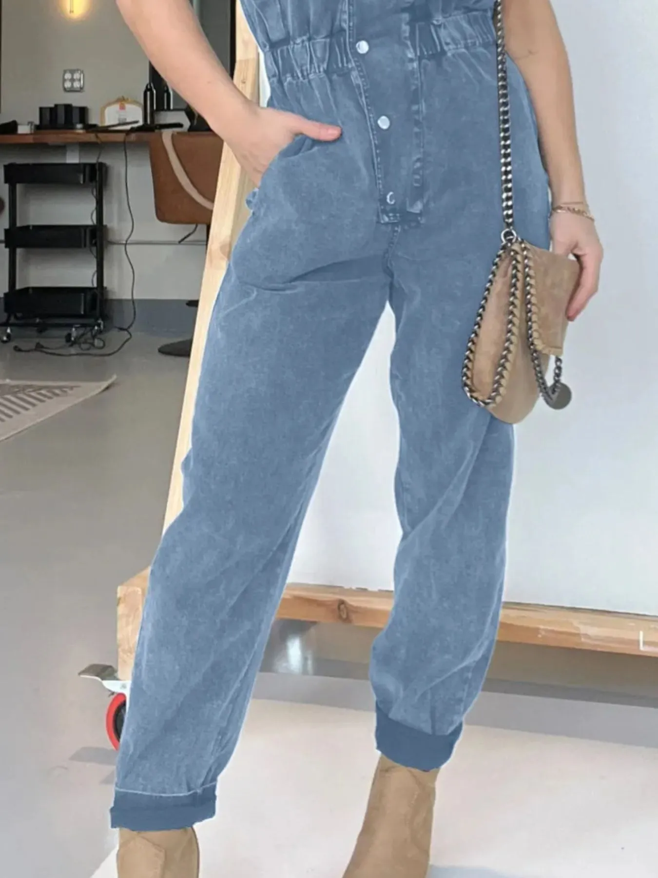 Full Size Button Front Cap Sleeve Denim Jumpsuit Plus Size - Image 14
